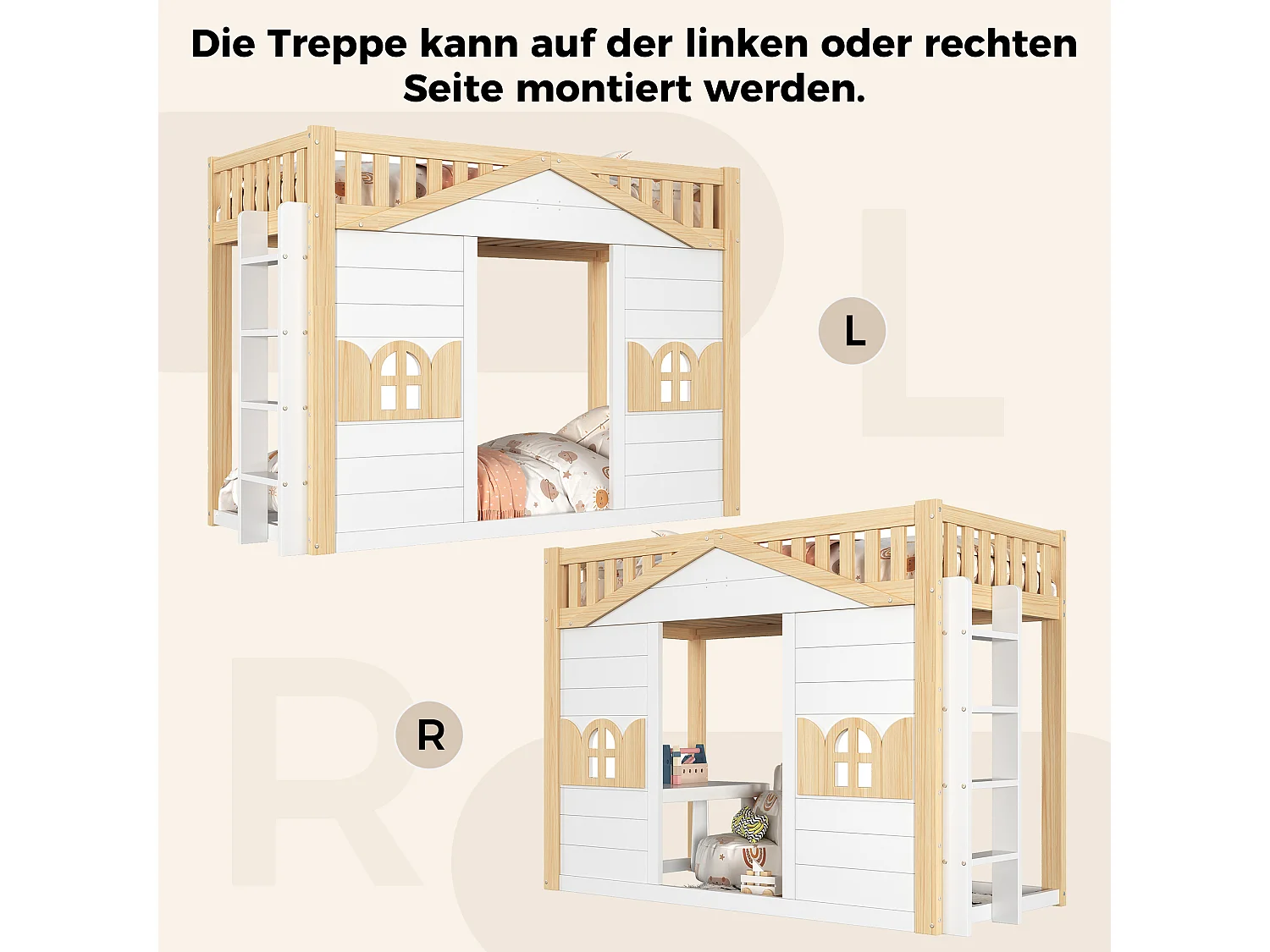 Hochbett (90 x 200 cm) in Hüttenform mit Fenster – Wendeleiter – Kiefernholz + MDF – Weiß und Natur (Matratze nicht im Lieferumfang enthalten)