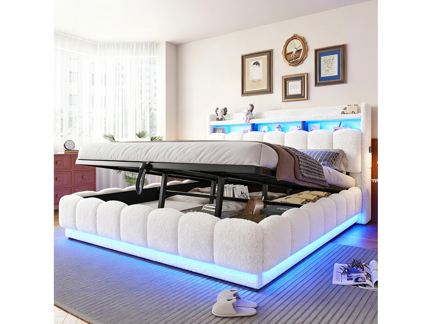 Opbergbed van 180 x 200 cm met openklapbaar hoofdeinde, ledverlichting en USB-poorten - Boucléstof + metaal + multiplex - Wit (matras niet inbegrepen)