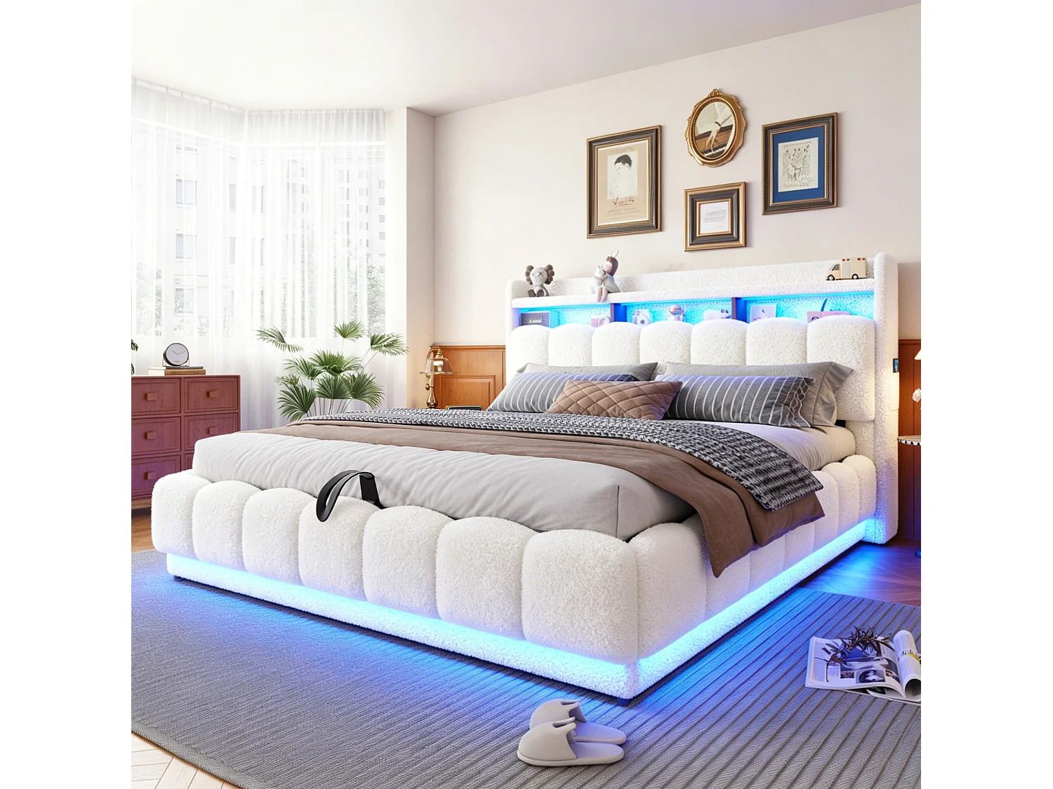 Opbergbed van 180 x 200 cm met openklapbaar hoofdeinde, ledverlichting en USB-poorten - Boucléstof + metaal + multiplex - Wit (matras niet inbegrepen)