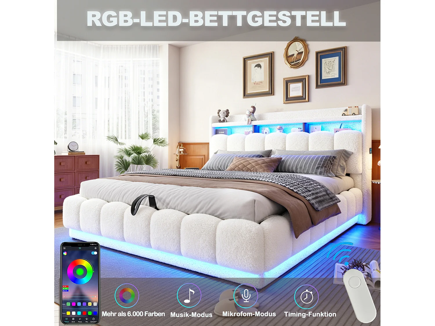 Opbergbed van 180 x 200 cm met openklapbaar hoofdeinde, ledverlichting en USB-poorten - Boucléstof + metaal + multiplex - Wit (matras niet inbegrepen)