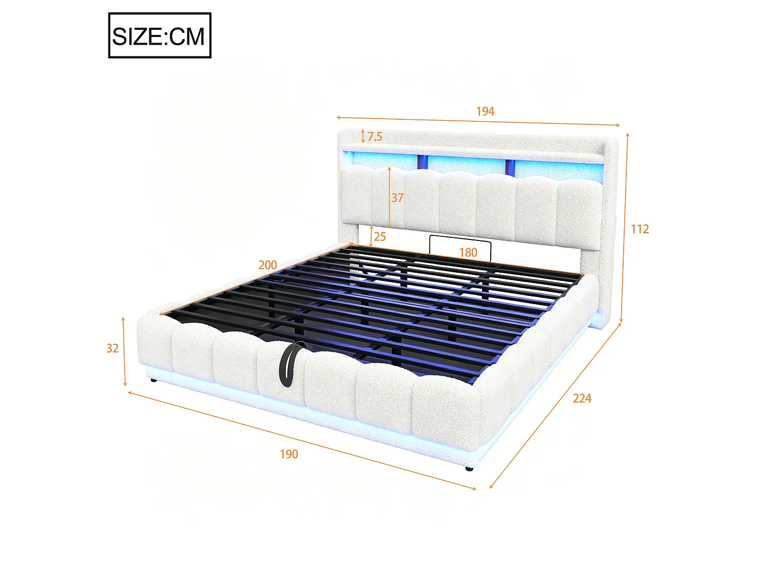 Opbergbed van 180 x 200 cm met openklapbaar hoofdeinde, ledverlichting en USB-poorten - Boucléstof + metaal + multiplex - Wit (matras niet inbegrepen)