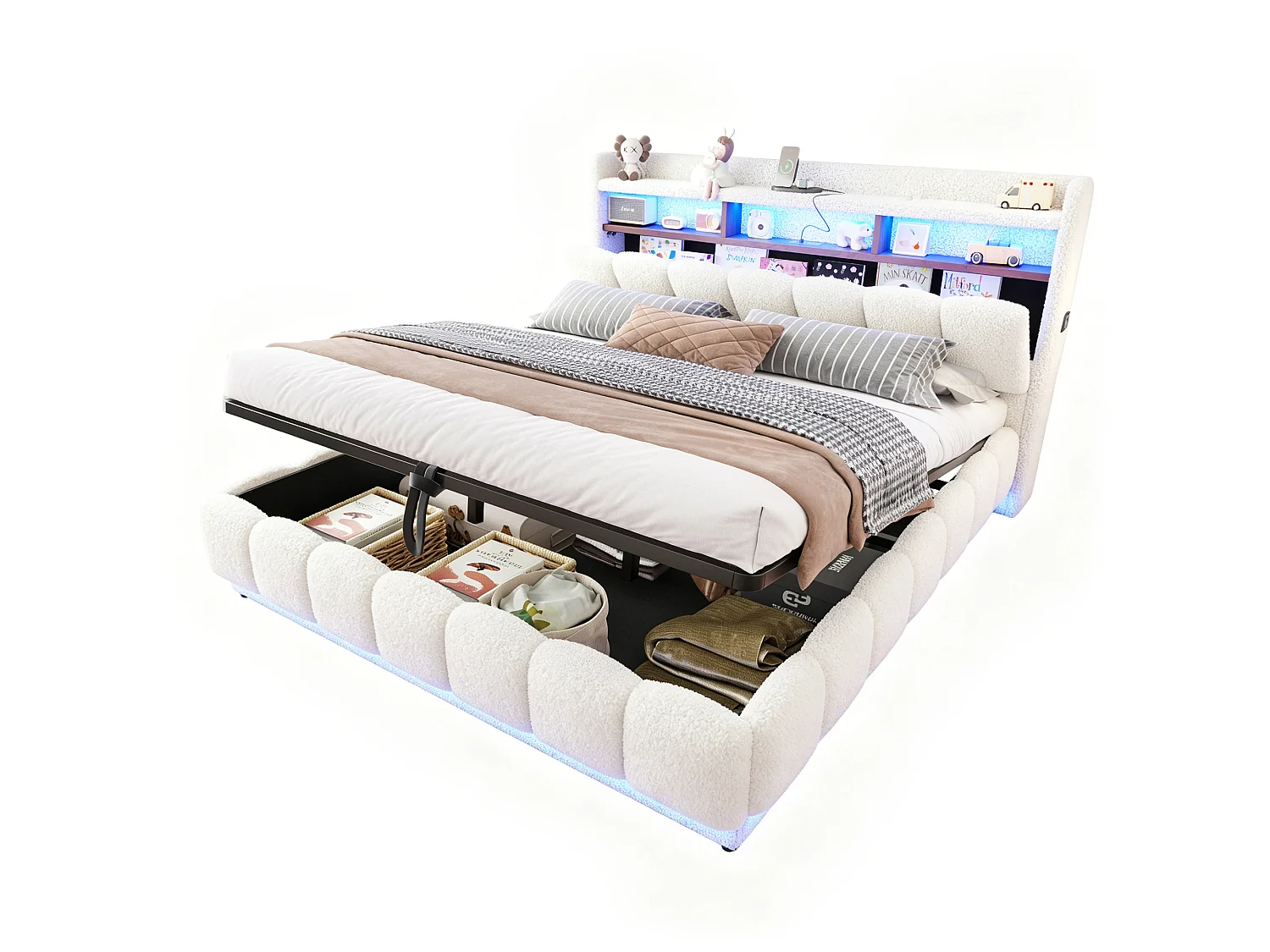 Opbergbed van 180 x 200 cm met openklapbaar hoofdeinde, ledverlichting en USB-poorten - Boucléstof + metaal + multiplex - Wit (matras niet inbegrepen)