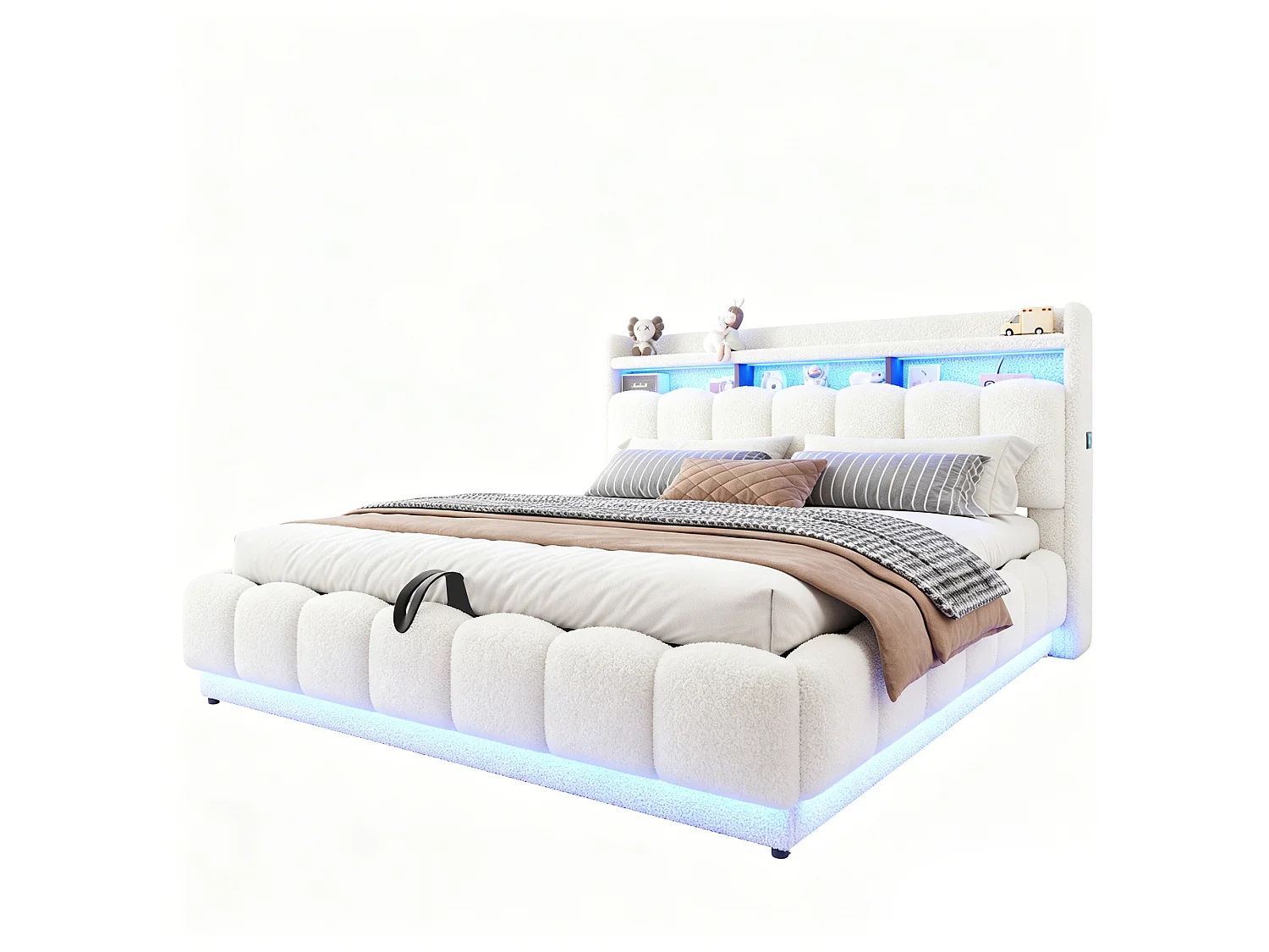 Opbergbed van 180 x 200 cm met openklapbaar hoofdeinde, ledverlichting en USB-poorten - Boucléstof + metaal + multiplex - Wit (matras niet inbegrepen)