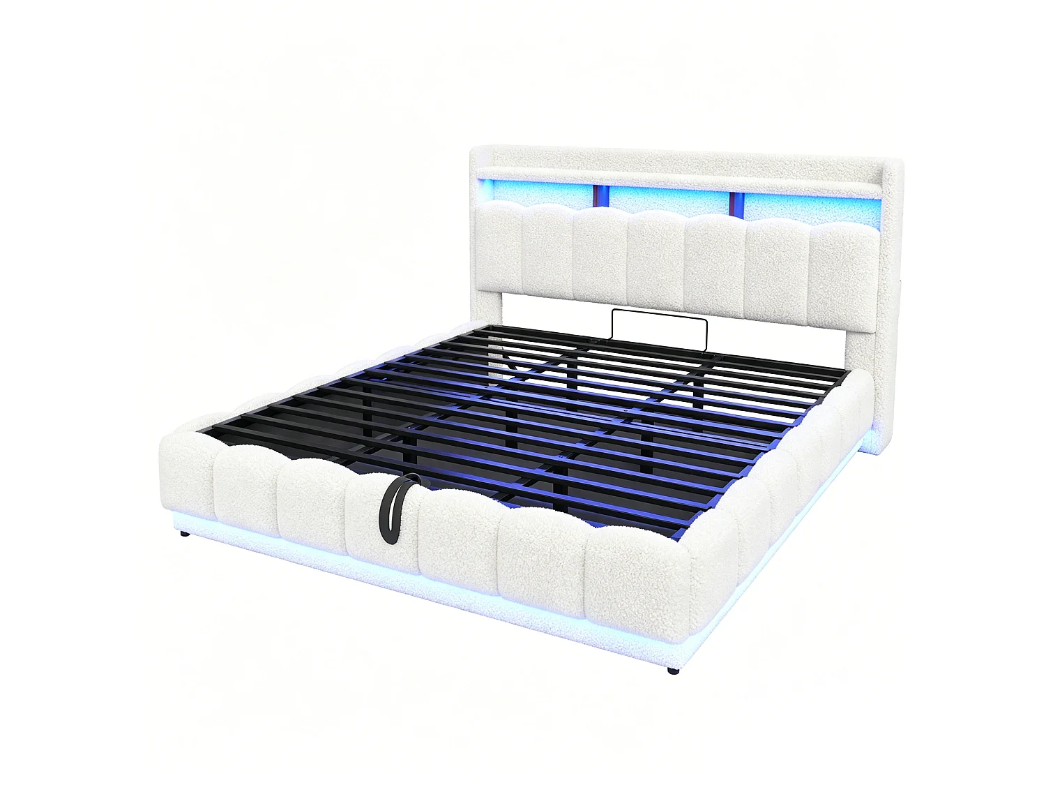 Opbergbed van 180 x 200 cm met openklapbaar hoofdeinde, ledverlichting en USB-poorten - Boucléstof + metaal + multiplex - Wit (matras niet inbegrepen)
