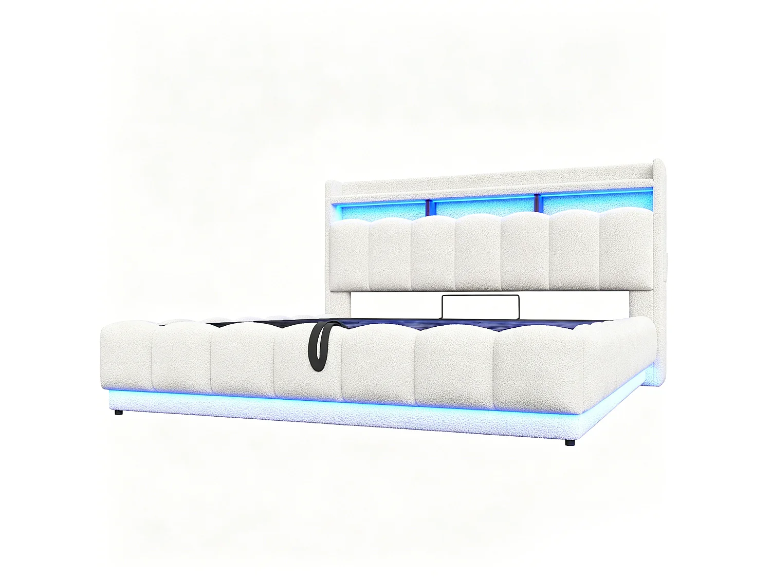 Opbergbed van 180 x 200 cm met openklapbaar hoofdeinde, ledverlichting en USB-poorten - Boucléstof + metaal + multiplex - Wit (matras niet inbegrepen)