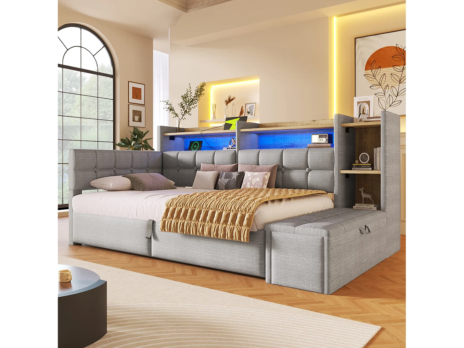 Letto contenitore 90 x 200 cm con ripiano a scomparto, panca contenitore, LED, USB e Type-C - Velluto e MDF - Grigio (Materasso non incluso)