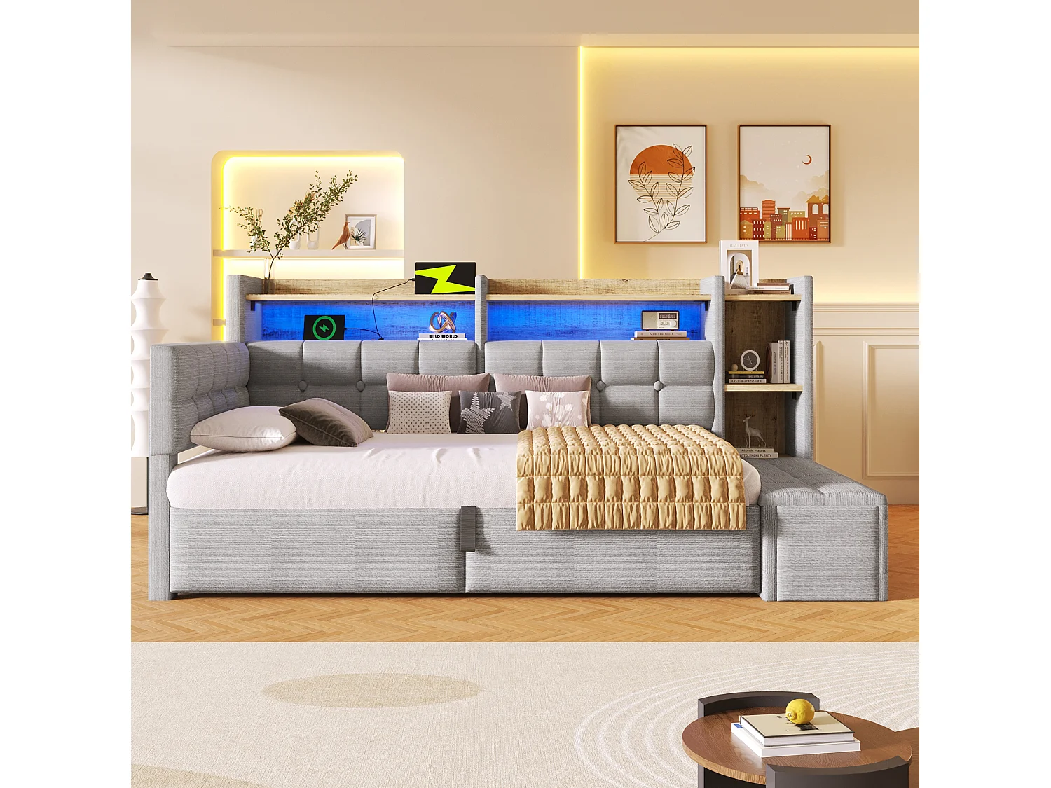 Letto contenitore 90 x 200 cm con ripiano a scomparto, panca contenitore, LED, USB e Type-C - Velluto e MDF - Grigio (Materasso non incluso)