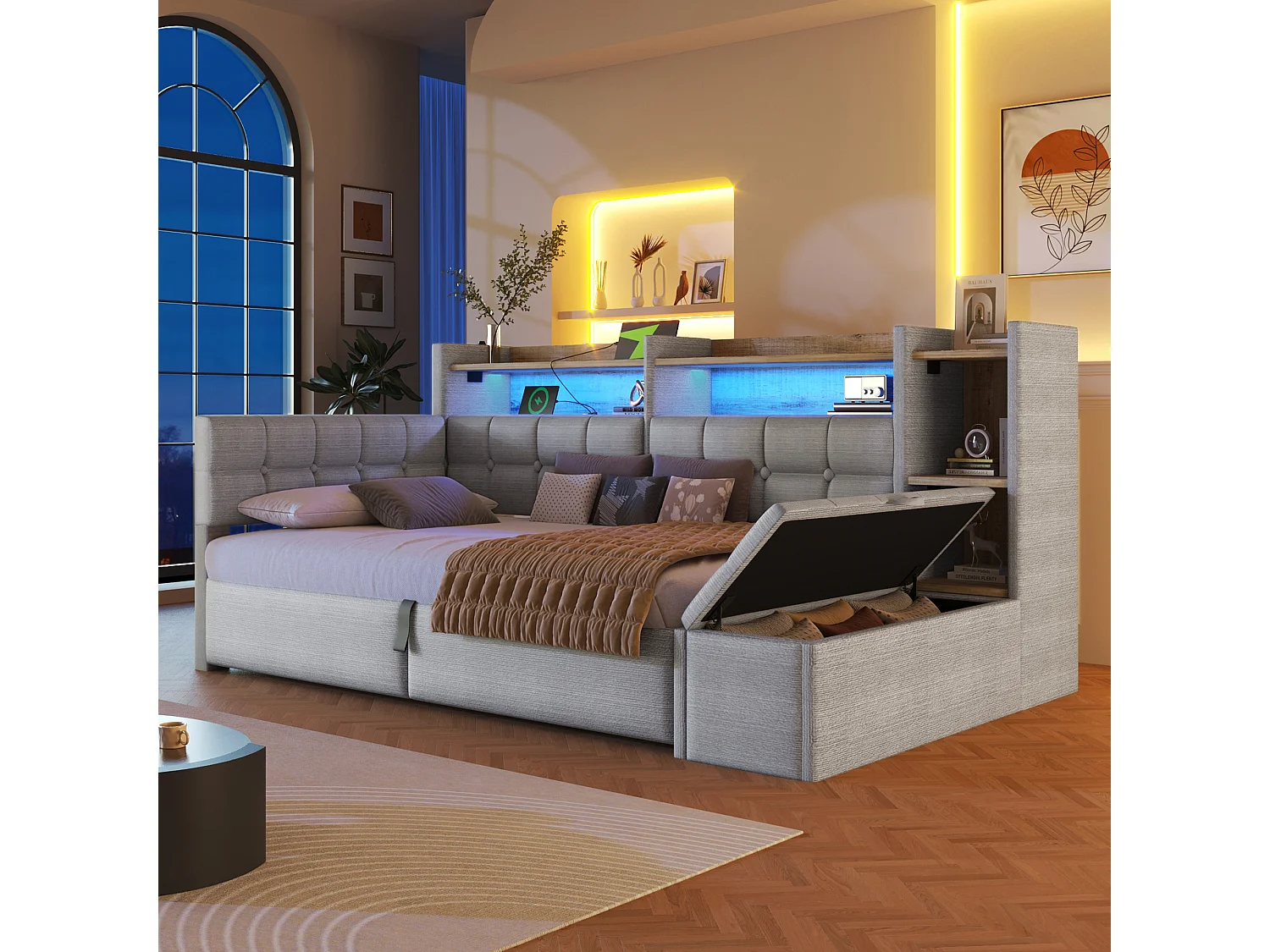 Letto contenitore 90 x 200 cm con ripiano a scomparto, panca contenitore, LED, USB e Type-C - Velluto e MDF - Grigio (Materasso non incluso)