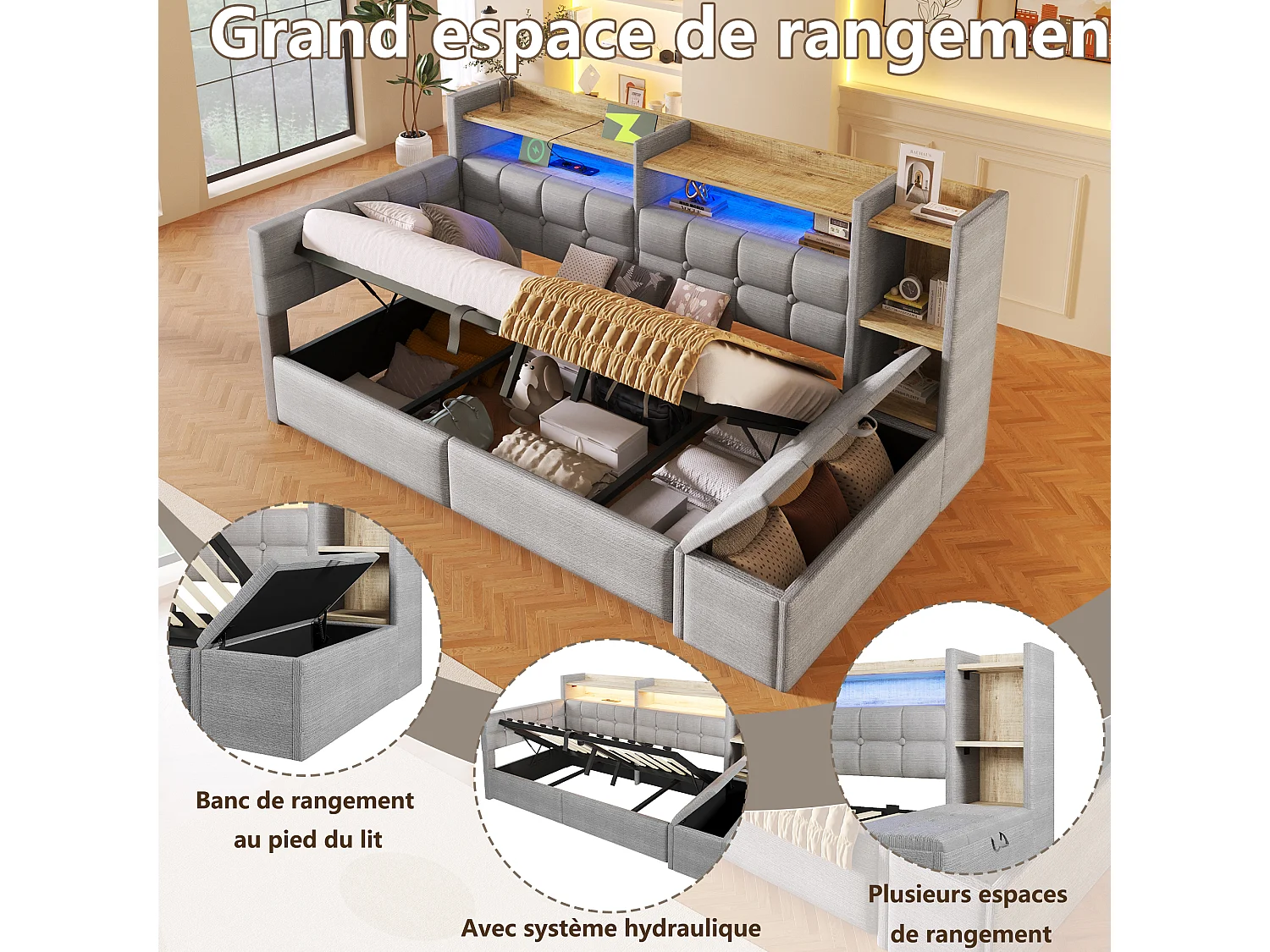 Letto contenitore 90 x 200 cm con ripiano a scomparto, panca contenitore, LED, USB e Type-C - Velluto e MDF - Grigio (Materasso non incluso)