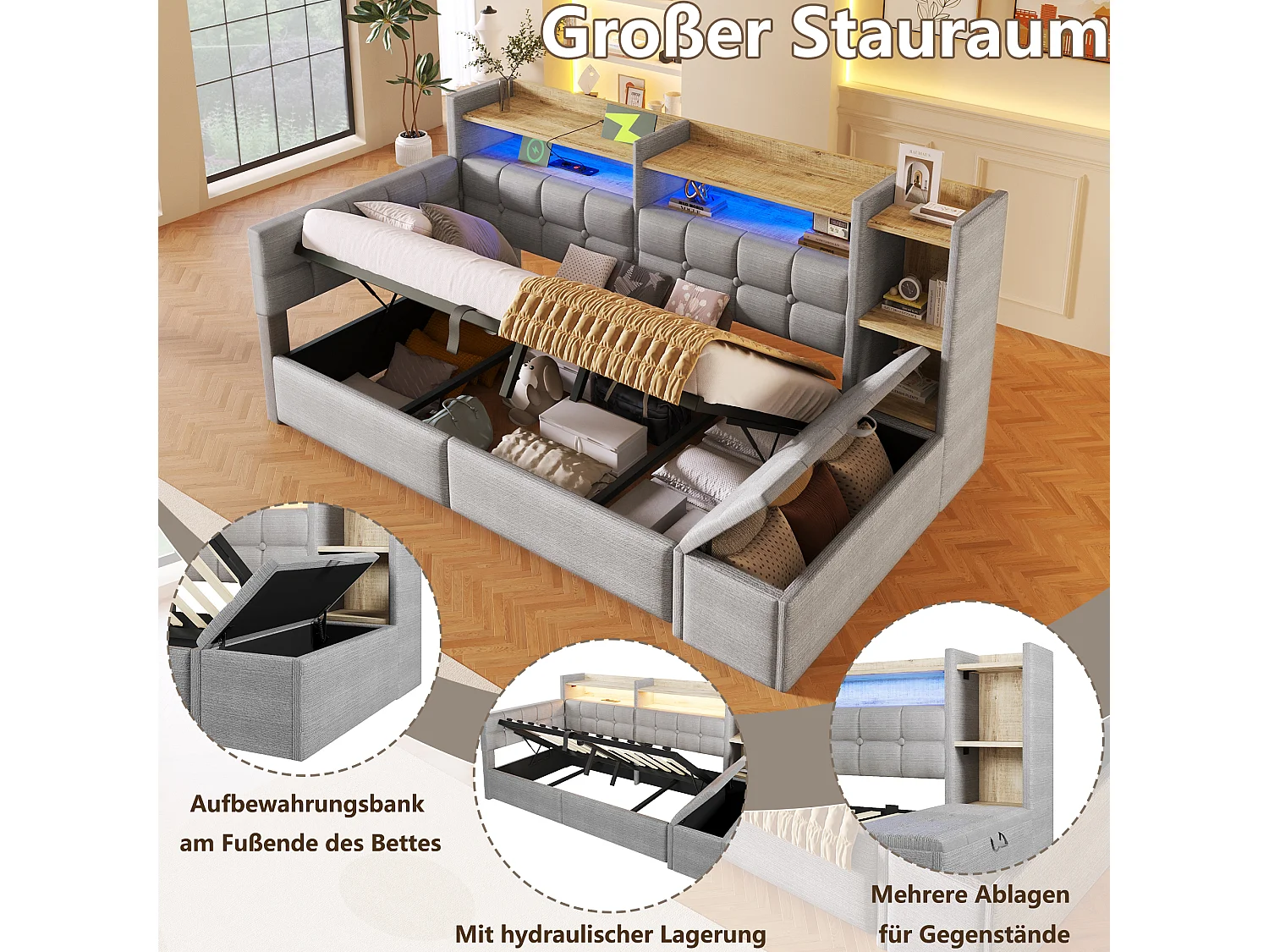 Letto contenitore 90 x 200 cm con ripiano a scomparto, panca contenitore, LED, USB e Type-C - Velluto e MDF - Grigio (Materasso non incluso)