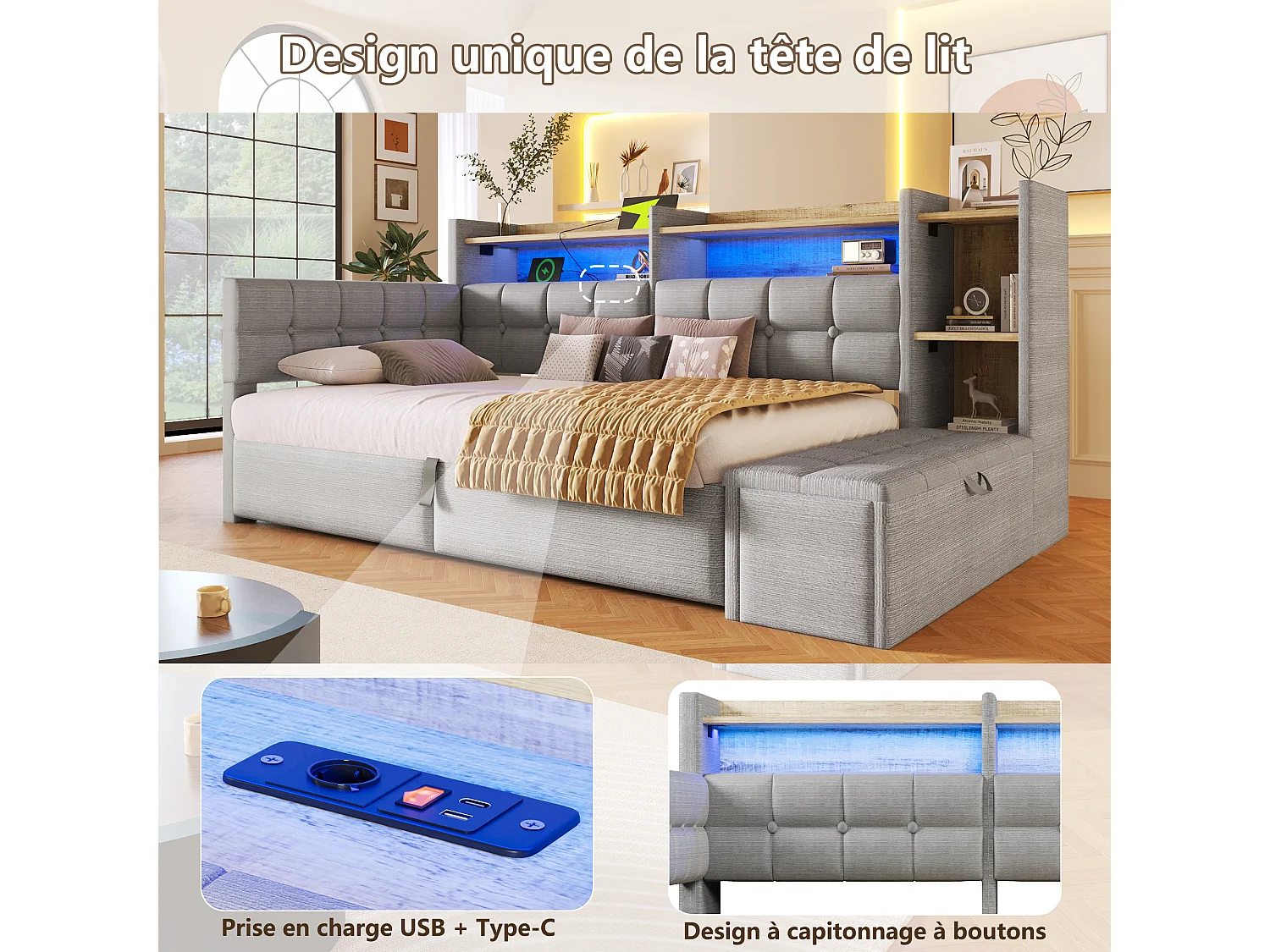Letto contenitore 90 x 200 cm con ripiano a scomparto, panca contenitore, LED, USB e Type-C - Velluto e MDF - Grigio (Materasso non incluso)