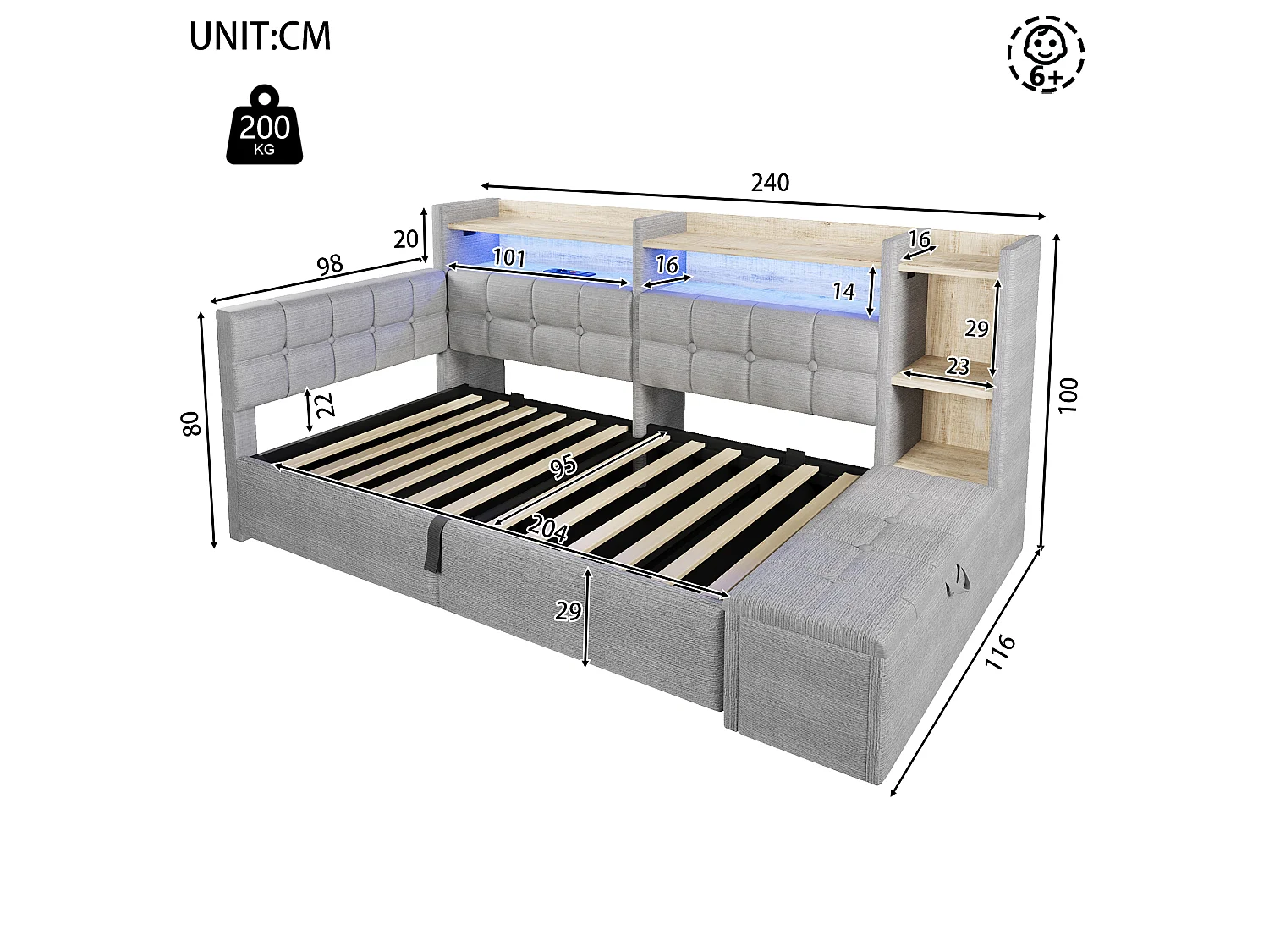 Letto contenitore 90 x 200 cm con ripiano a scomparto, panca contenitore, LED, USB e Type-C - Velluto e MDF - Grigio (Materasso non incluso)