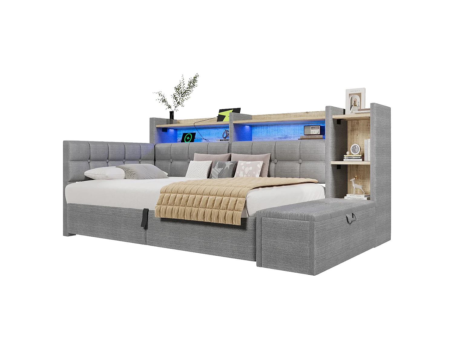 Letto contenitore 90 x 200 cm con ripiano a scomparto, panca contenitore, LED, USB e Type-C - Velluto e MDF - Grigio (Materasso non incluso)