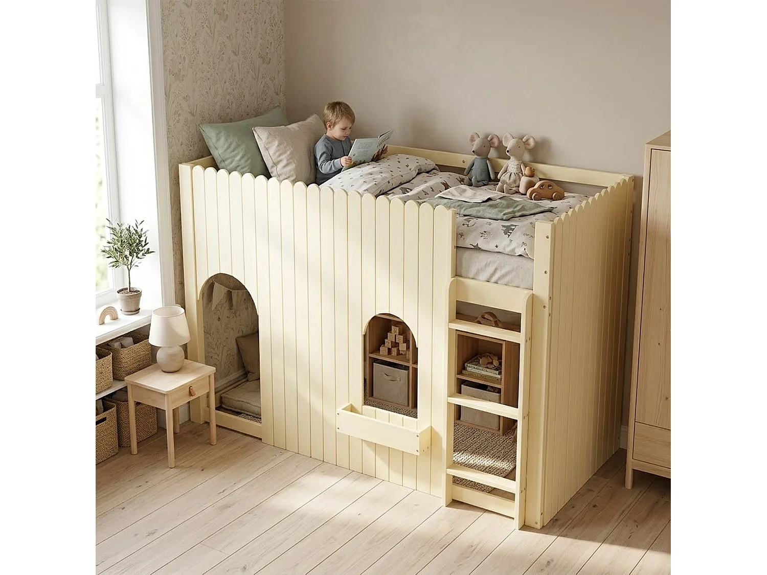 Loft bed 90 x 200 cm with LED lighting, storage ladder and modular under-bed space – Pine and MDF – Natural (Mattress not included)