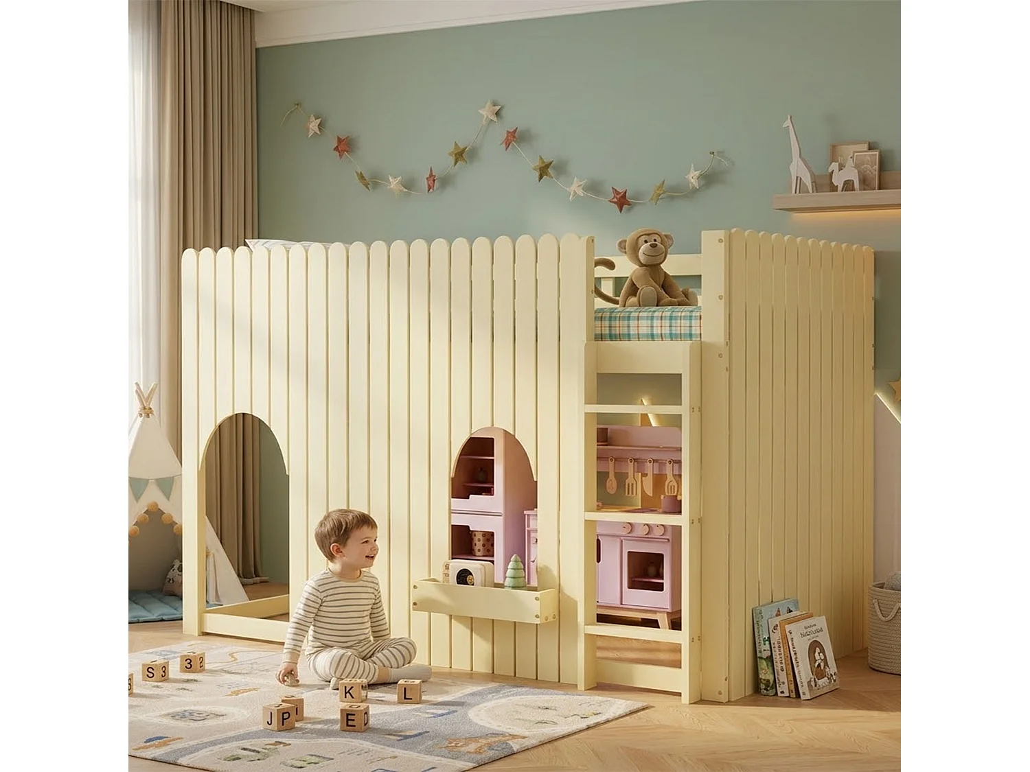 Loft bed 90 x 200 cm with LED lighting, storage ladder and modular under-bed space – Pine and MDF – Natural (Mattress not included)