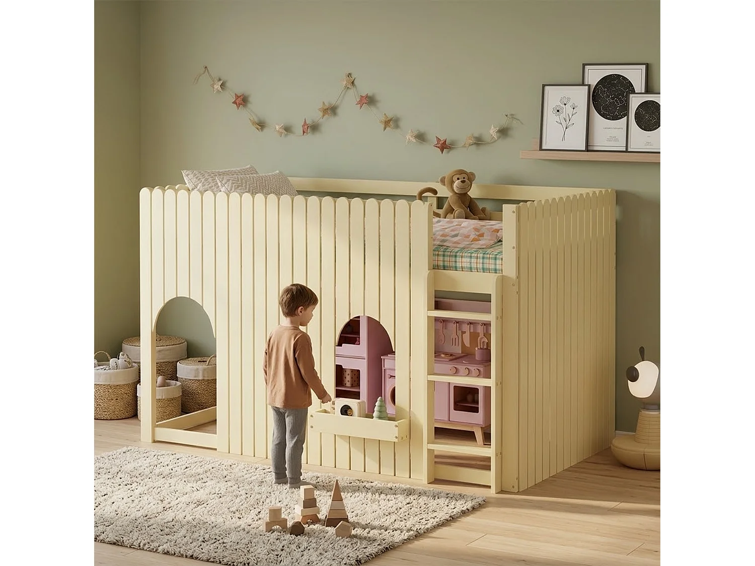 Loft bed 90 x 200 cm with LED lighting, storage ladder and modular under-bed space – Pine and MDF – Natural (Mattress not included)