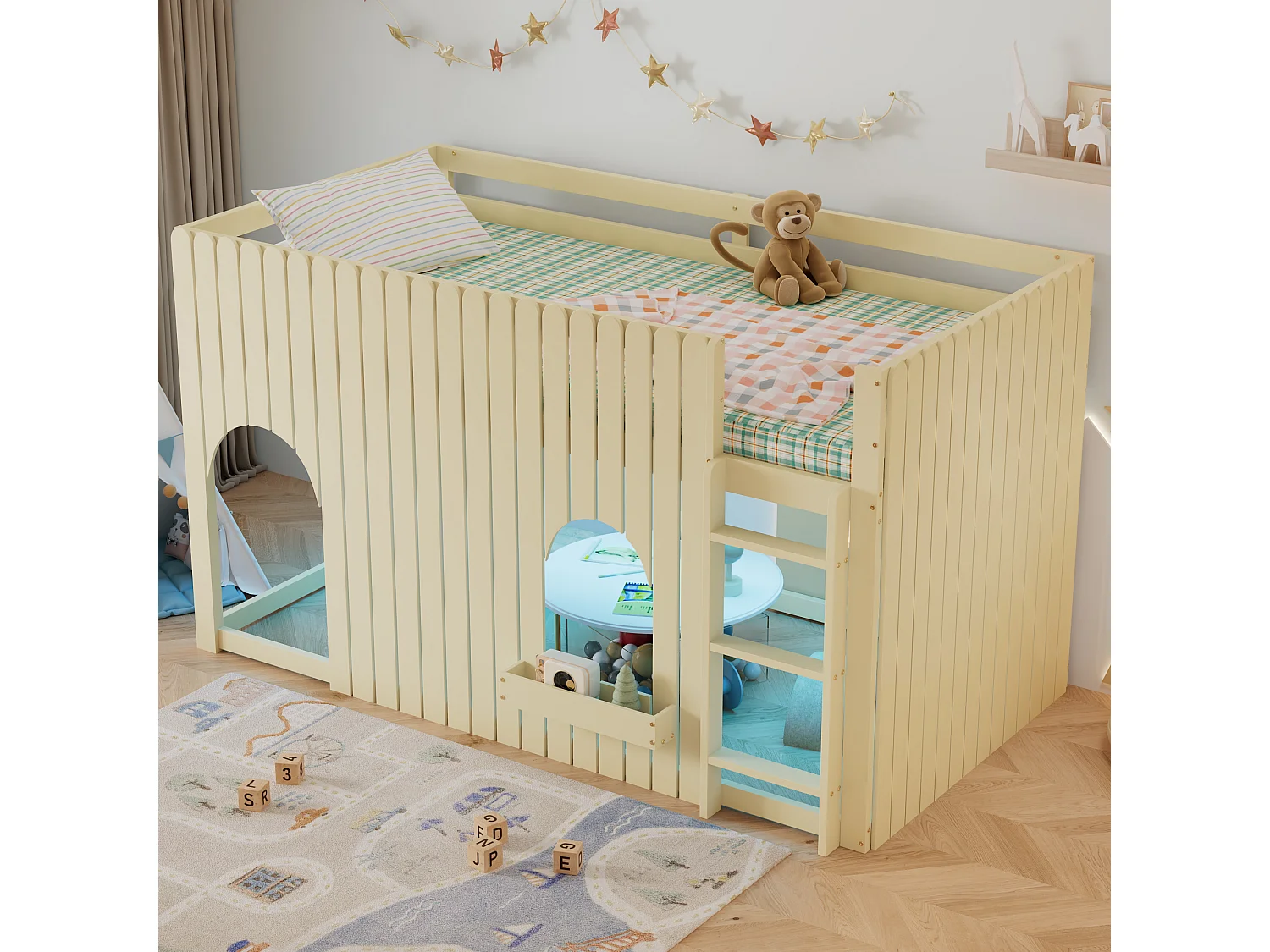 Loft bed 90 x 200 cm with LED lighting, storage ladder and modular under-bed space – Pine and MDF – Natural (Mattress not included)