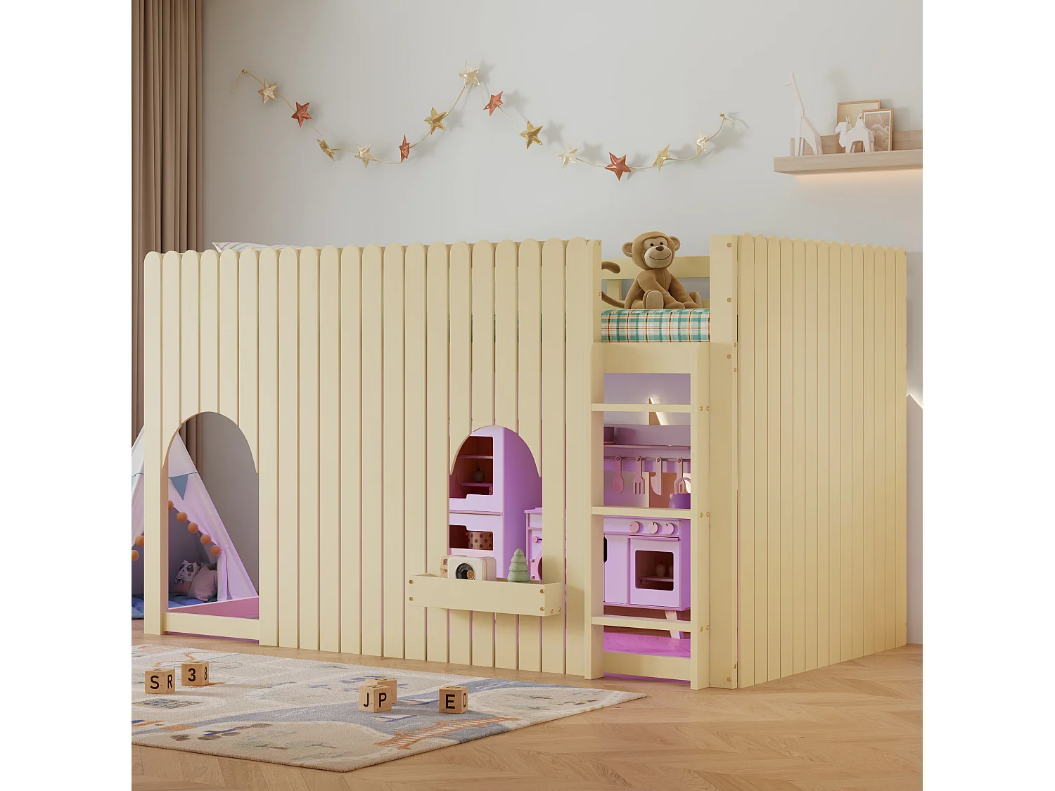 Loft bed 90 x 200 cm with LED lighting, storage ladder and modular under-bed space – Pine and MDF – Natural (Mattress not included)