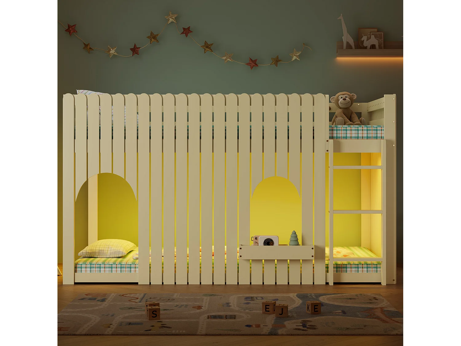 Loft bed 90 x 200 cm with LED lighting, storage ladder and modular under-bed space – Pine and MDF – Natural (Mattress not included)