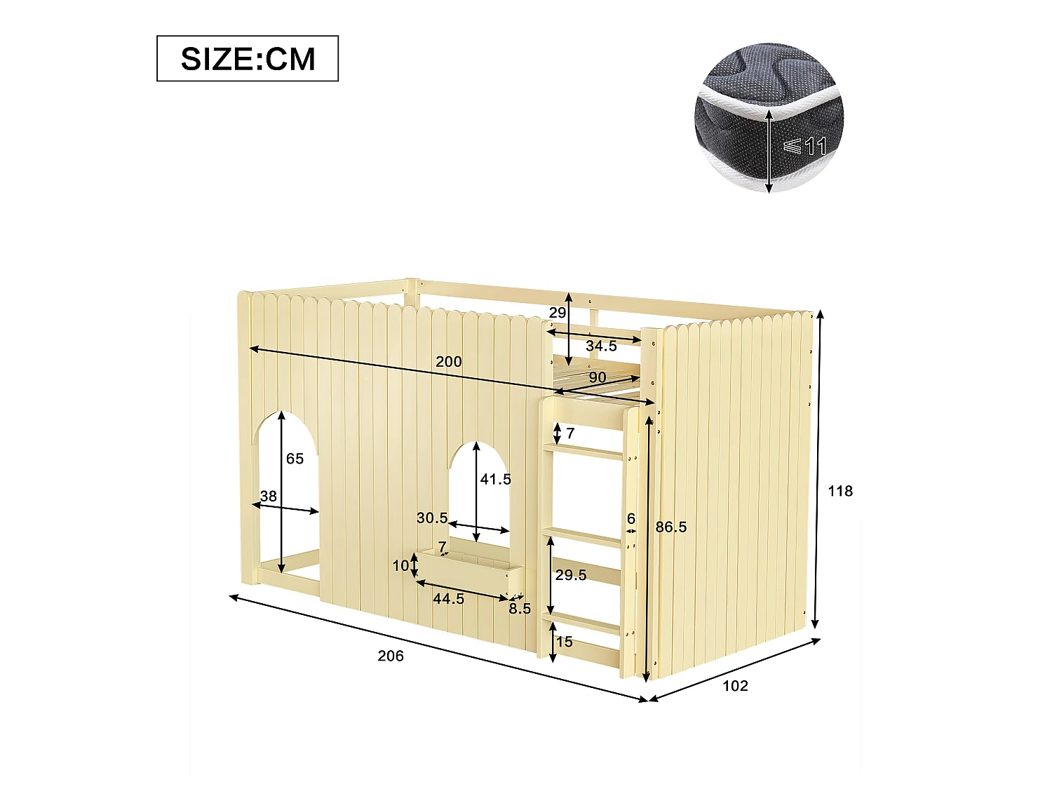 Loft bed 90 x 200 cm with LED lighting, storage ladder and modular under-bed space – Pine and MDF – Natural (Mattress not included)