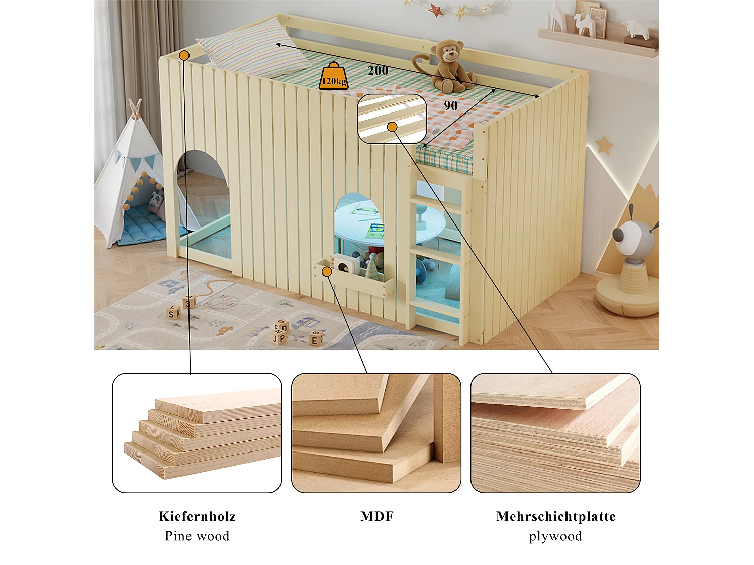 Loft bed 90 x 200 cm with LED lighting, storage ladder and modular under-bed space – Pine and MDF – Natural (Mattress not included)