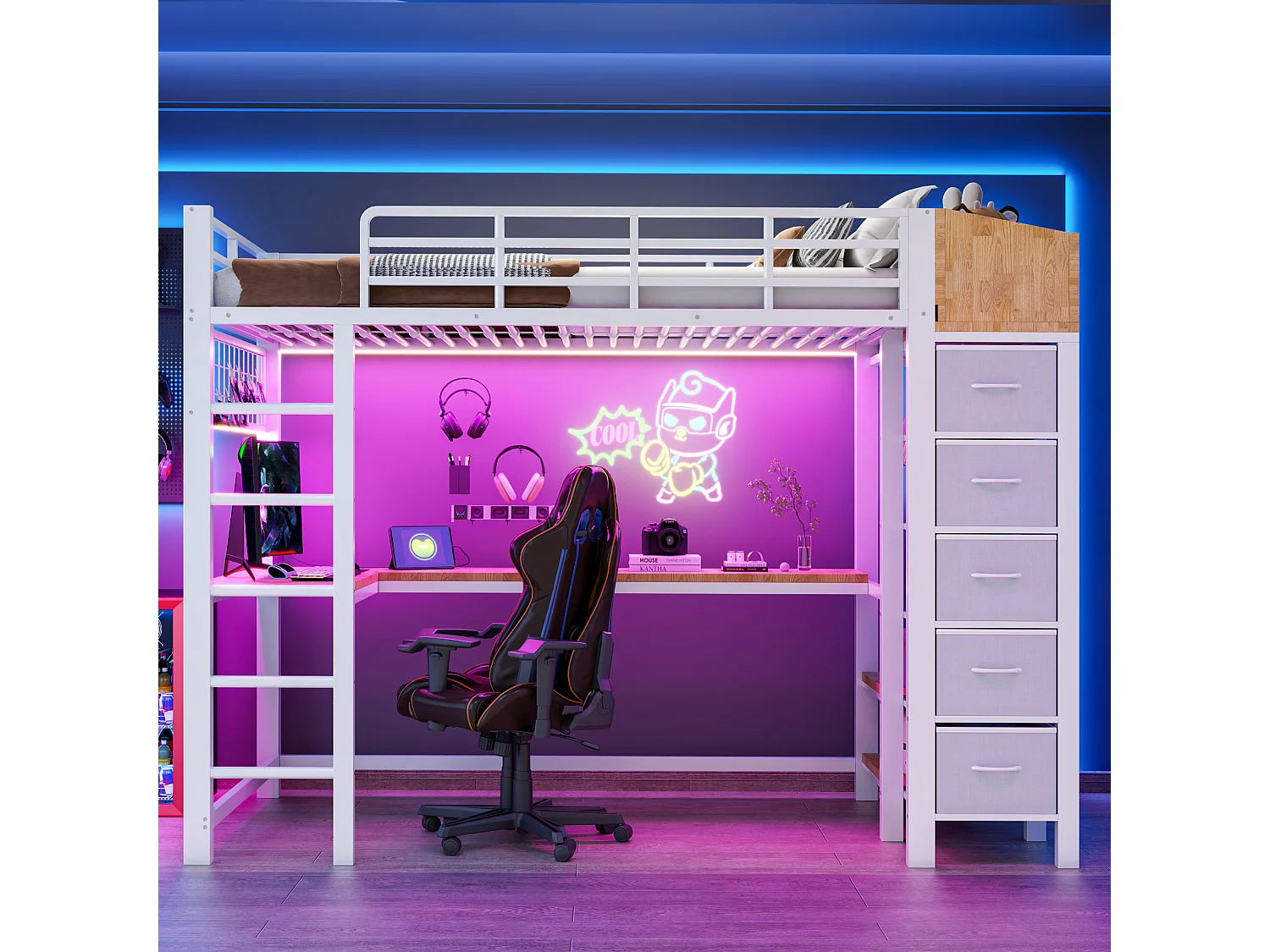 90 x 200 cm loft bed with desk, power outlets, USB & Type-C ports, LED lighting, 5 drawers, wardrobe and wire mesh panel - Metal + MDF - White