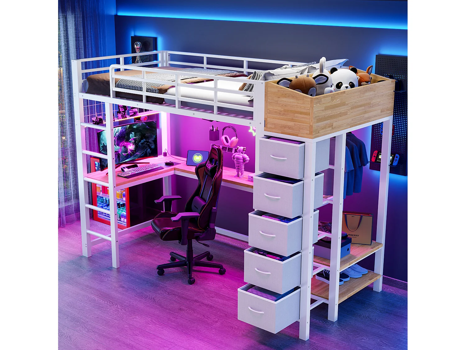 90 x 200 cm loft bed with desk, power outlets, USB & Type-C ports, LED lighting, 5 drawers, wardrobe and wire mesh panel - Metal + MDF - White