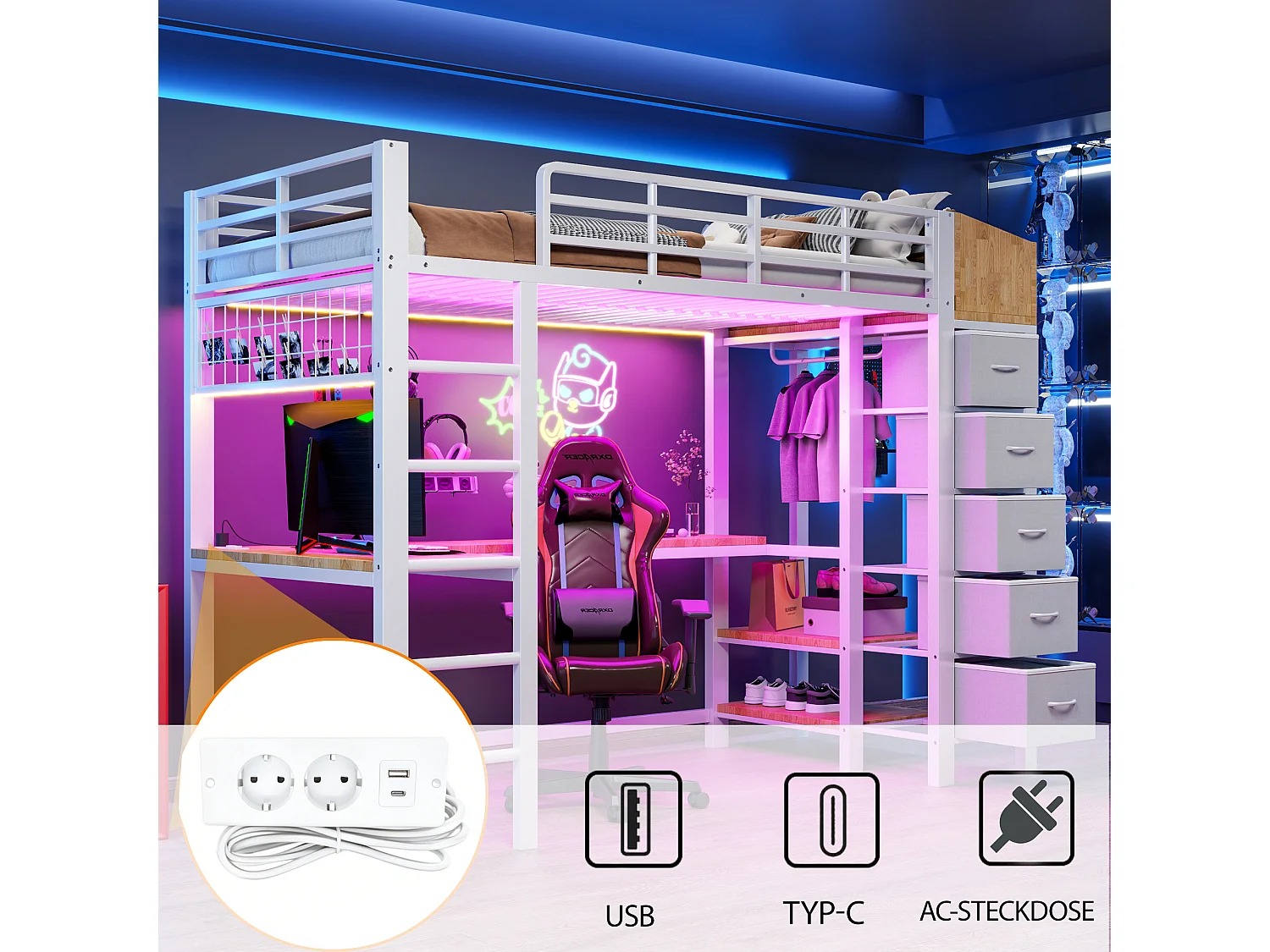90 x 200 cm loft bed with desk, power outlets, USB & Type-C ports, LED lighting, 5 drawers, wardrobe and wire mesh panel - Metal + MDF - White