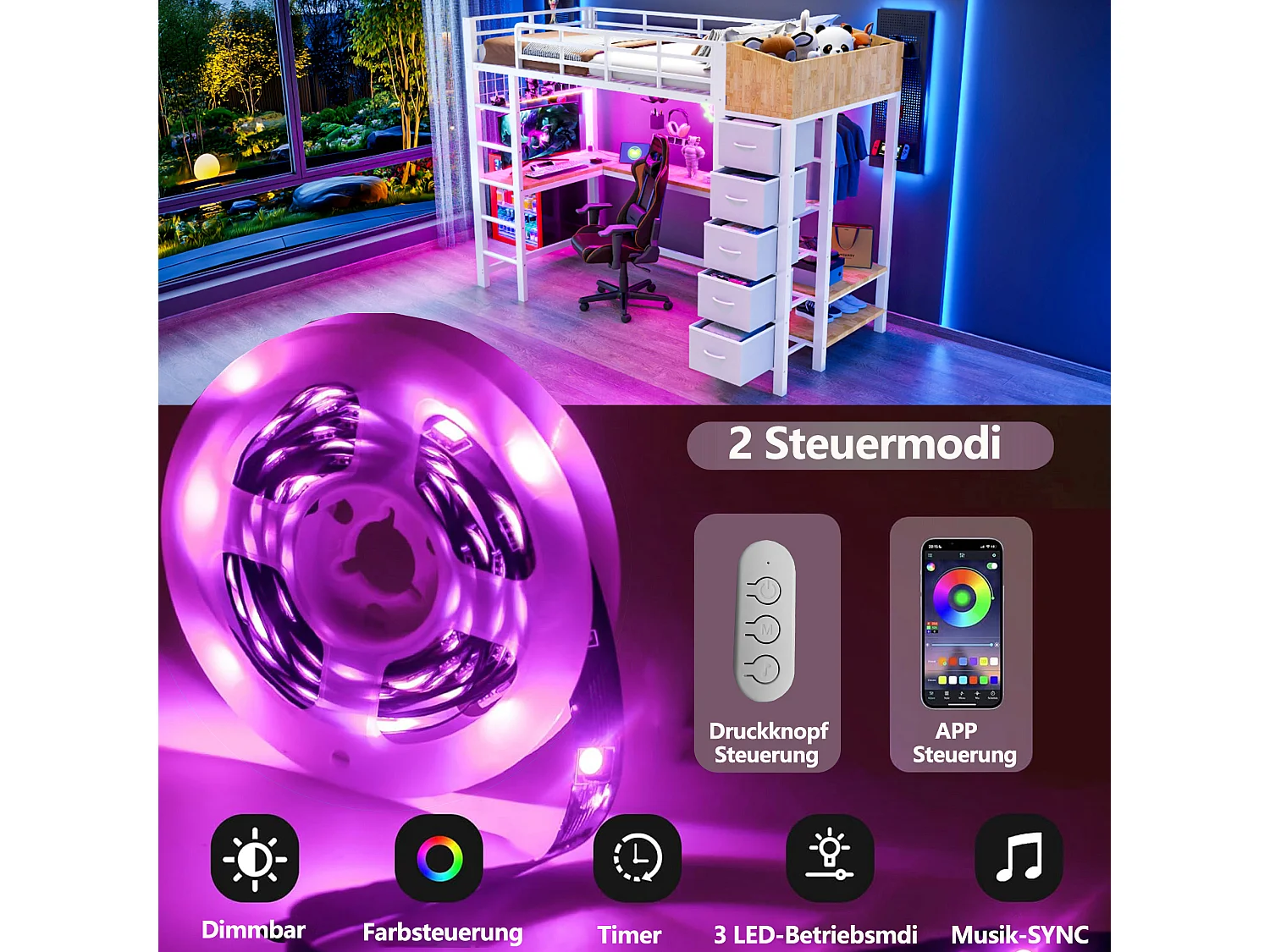 90 x 200 cm loft bed with desk, power outlets, USB & Type-C ports, LED lighting, 5 drawers, wardrobe and wire mesh panel - Metal + MDF - White