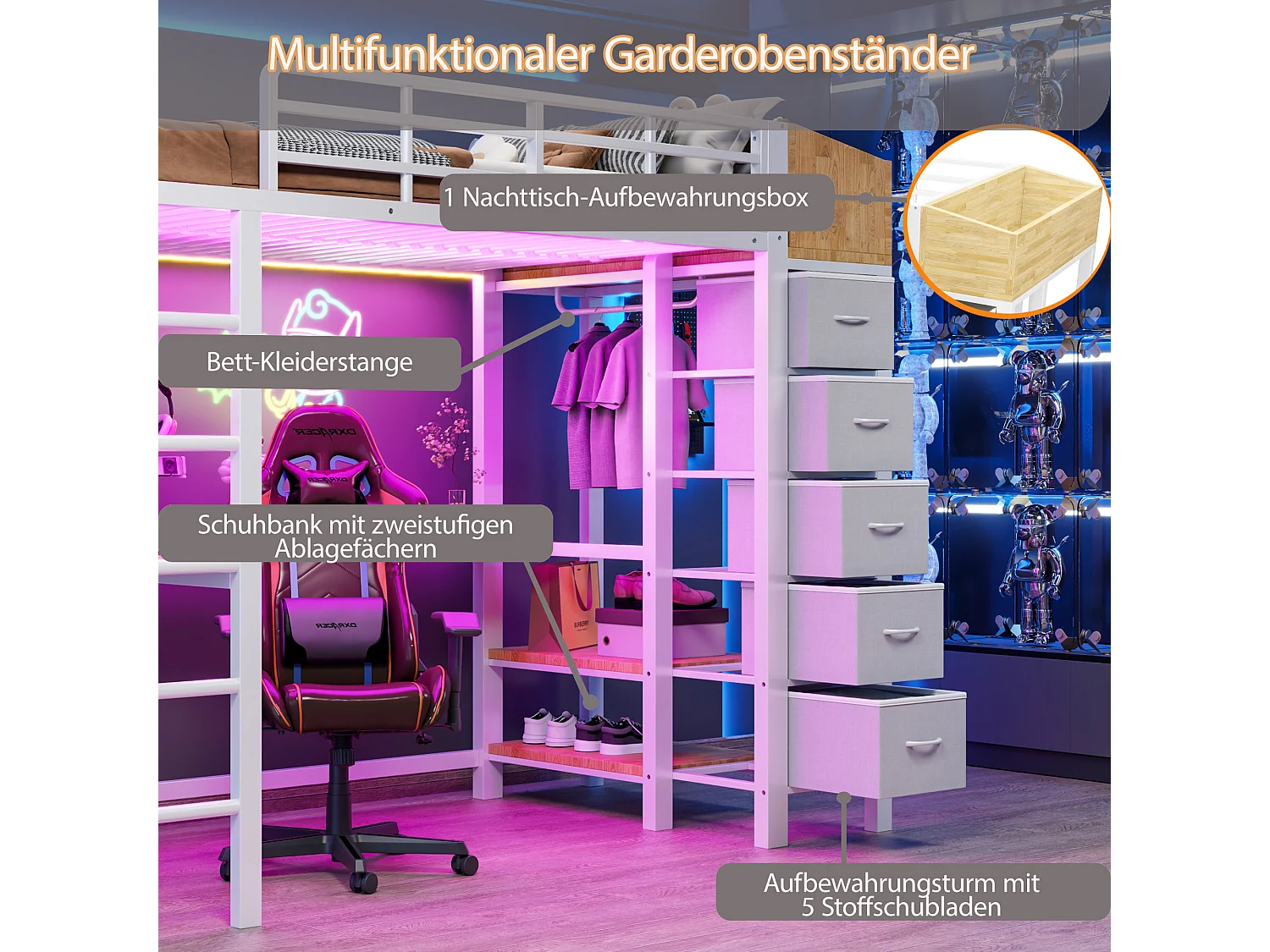 90 x 200 cm loft bed with desk, power outlets, USB & Type-C ports, LED lighting, 5 drawers, wardrobe and wire mesh panel - Metal + MDF - White