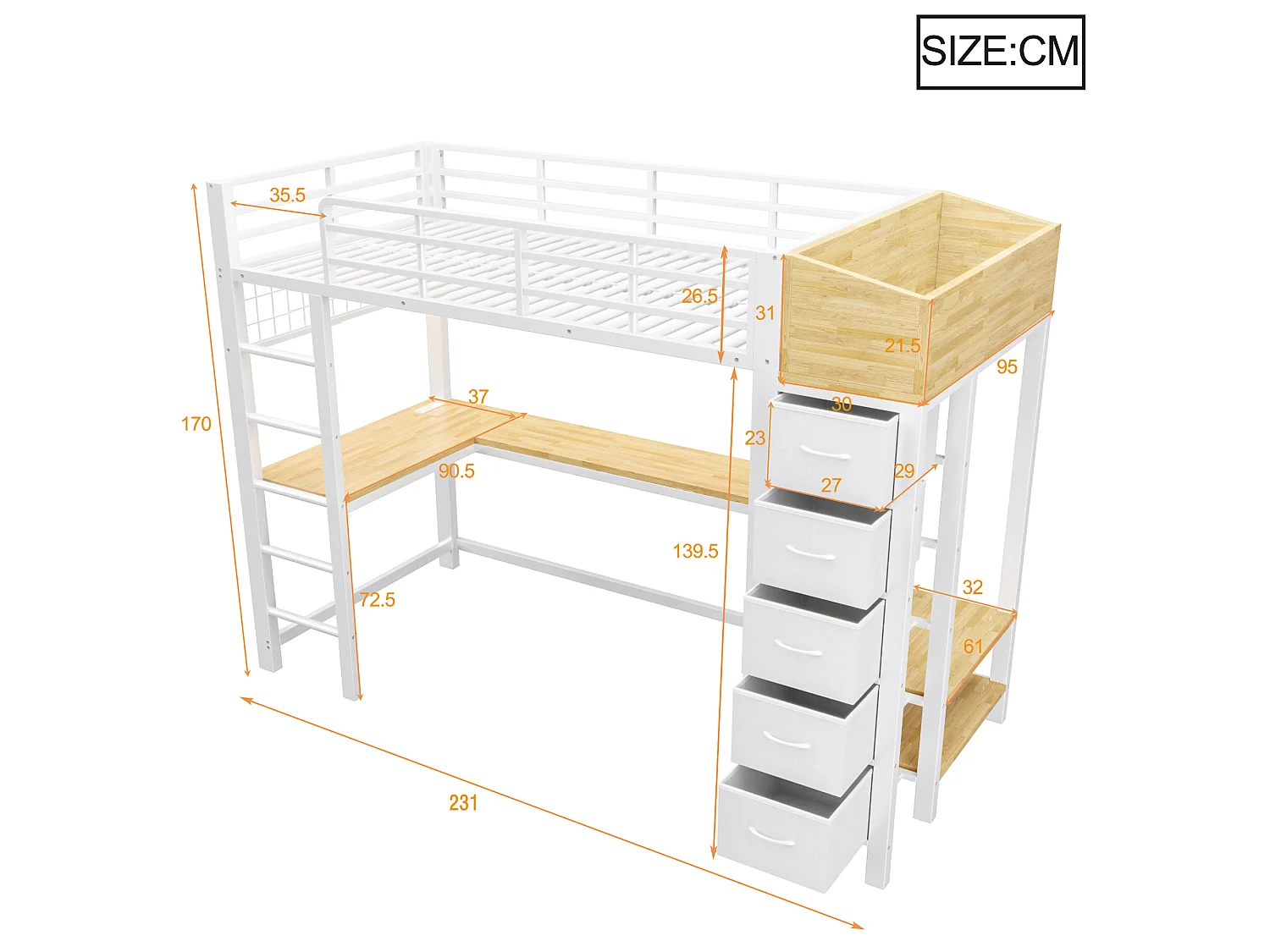 90 x 200 cm loft bed with desk, power outlets, USB & Type-C ports, LED lighting, 5 drawers, wardrobe and wire mesh panel - Metal + MDF - White