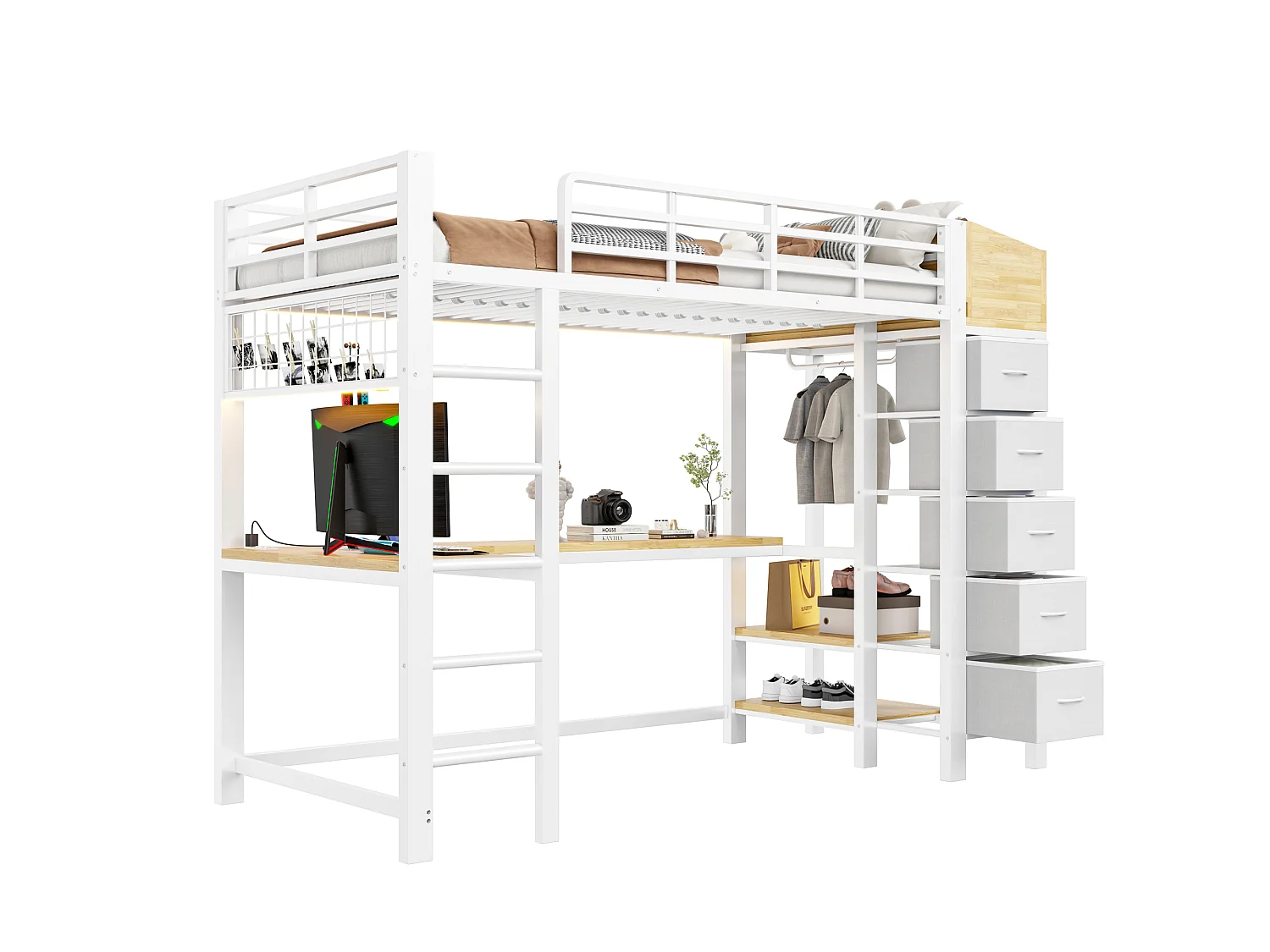 90 x 200 cm loft bed with desk, power outlets, USB & Type-C ports, LED lighting, 5 drawers, wardrobe and wire mesh panel - Metal + MDF - White