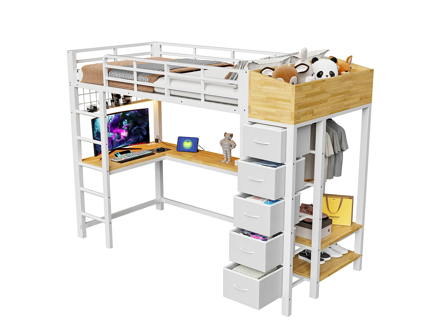 90 x 200 cm loft bed with desk, power outlets, USB & Type-C ports, LED lighting, 5 drawers, wardrobe and wire mesh panel - Metal + MDF - White