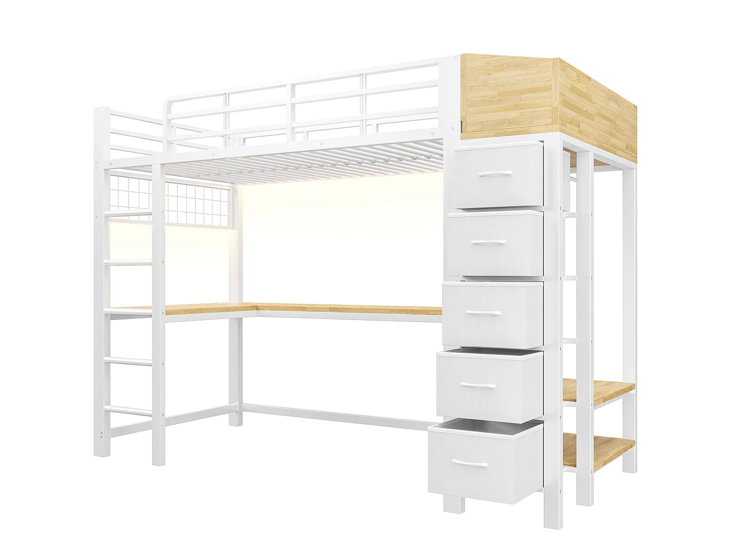 90 x 200 cm loft bed with desk, power outlets, USB & Type-C ports, LED lighting, 5 drawers, wardrobe and wire mesh panel - Metal + MDF - White