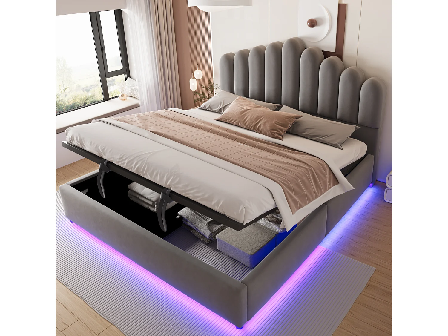 Lit coffre 180 x 200 cm avec coffre de rangement hydraulique et LED - Velours + MDF - Gris (Sans matelas)