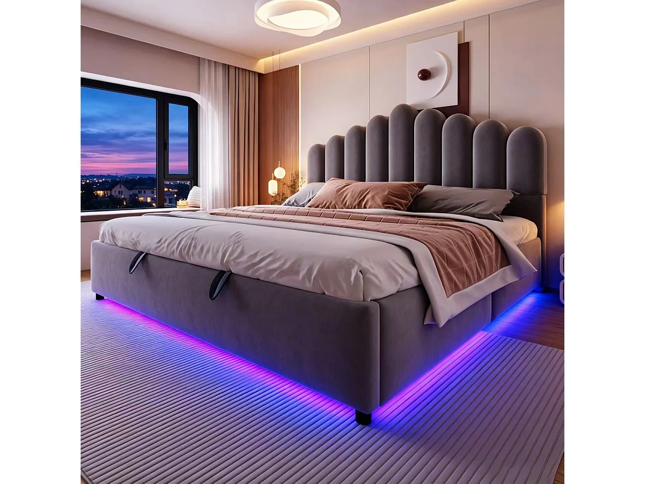 Lit coffre 180 x 200 cm avec coffre de rangement hydraulique et LED - Velours + MDF - Gris (Sans matelas)