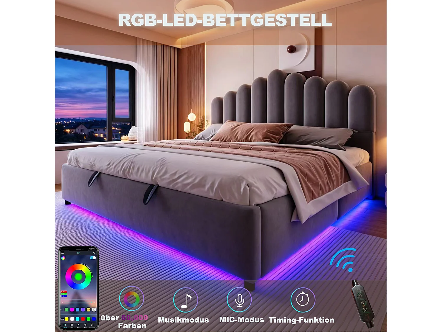 Lit coffre 180 x 200 cm avec coffre de rangement hydraulique et LED - Velours + MDF - Gris (Sans matelas)