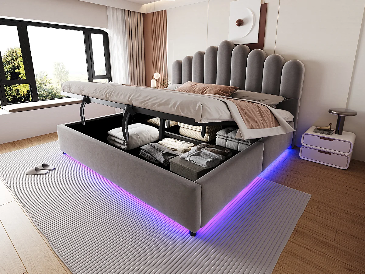Lit coffre 180 x 200 cm avec coffre de rangement hydraulique et LED - Velours + MDF - Gris (Sans matelas)