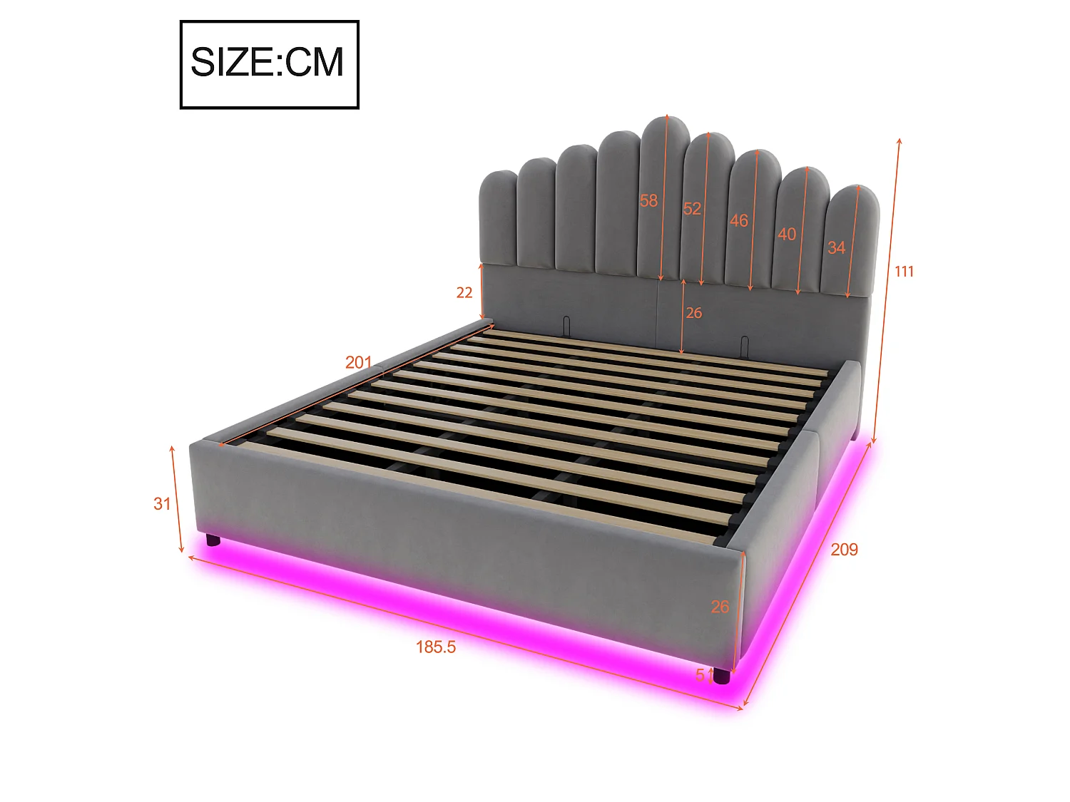 Lit coffre 180 x 200 cm avec coffre de rangement hydraulique et LED - Velours + MDF - Gris (Sans matelas)
