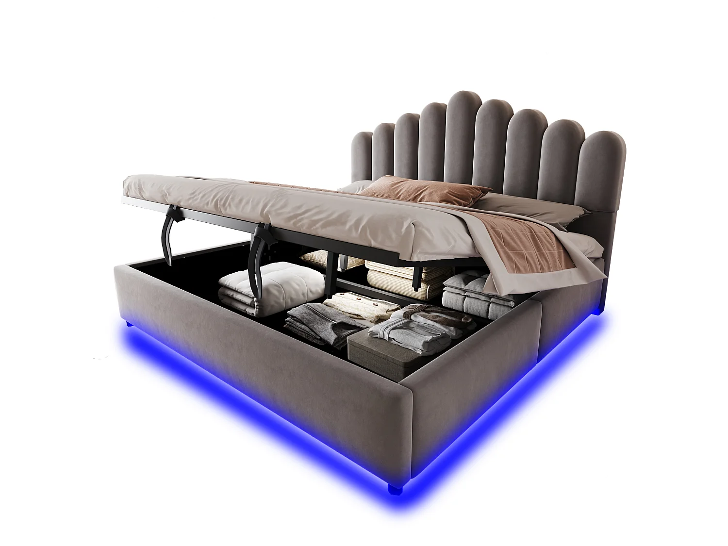 Lit coffre 180 x 200 cm avec coffre de rangement hydraulique et LED - Velours + MDF - Gris (Sans matelas)