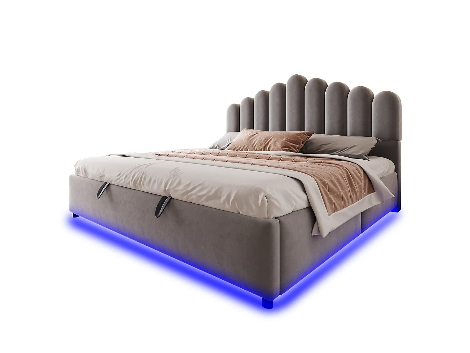 Lit coffre 180 x 200 cm avec coffre de rangement hydraulique et LED - Velours + MDF - Gris (Sans matelas)