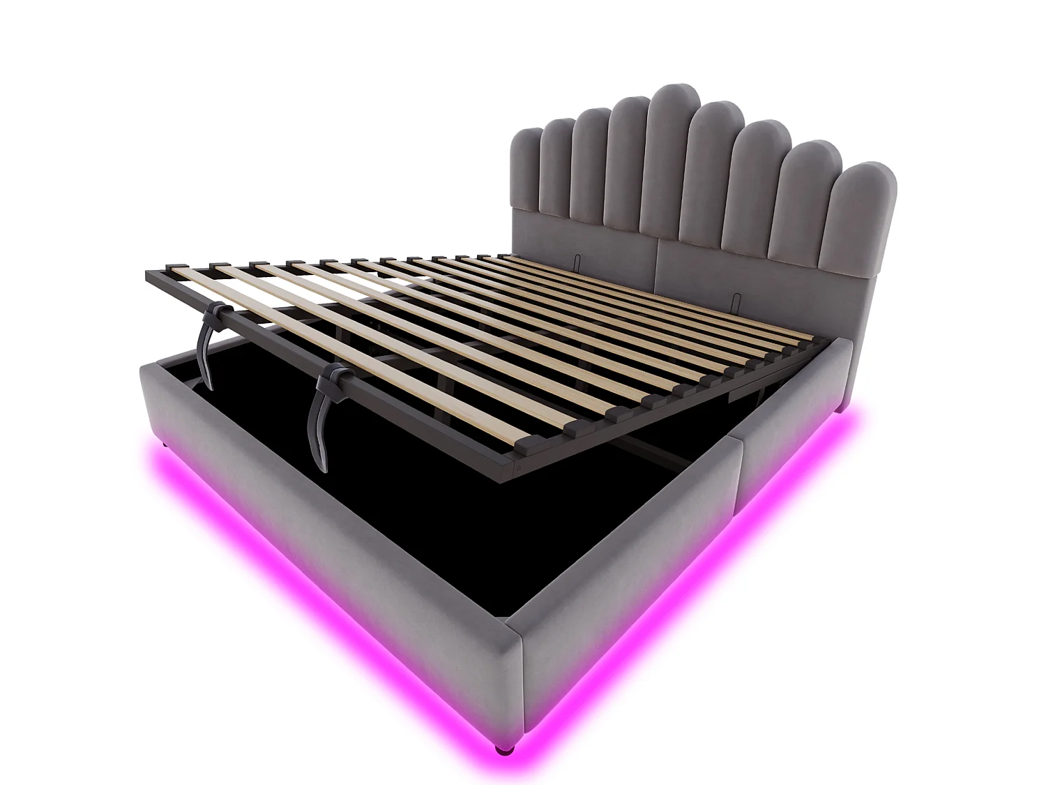 Lit coffre 180 x 200 cm avec coffre de rangement hydraulique et LED - Velours + MDF - Gris (Sans matelas)