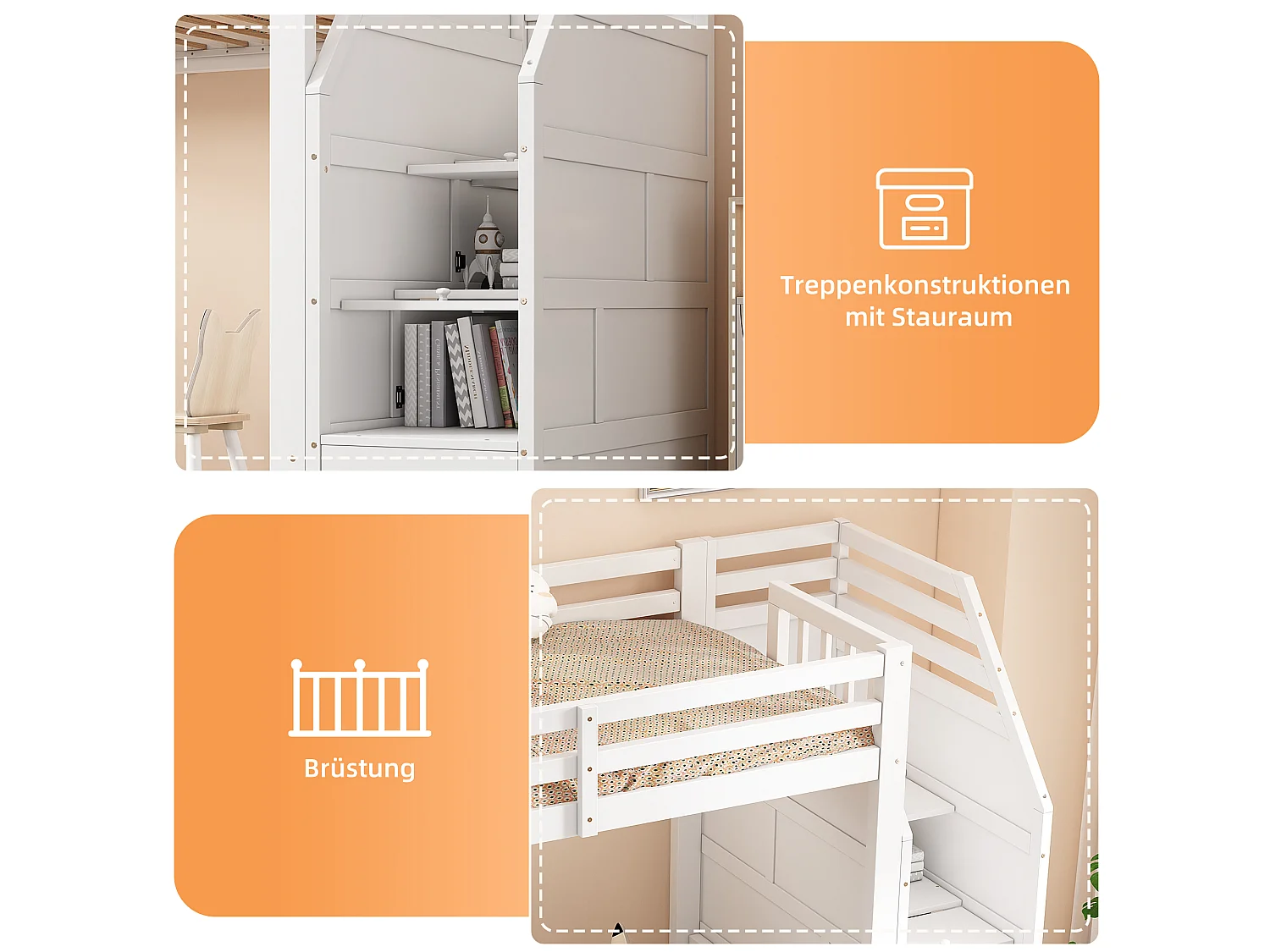Hochbett 90 x 200 cm mit 2 Türen und Sicherheitsgeländer - Kiefer und MDF - Weiß (Matratze nicht enthalten)