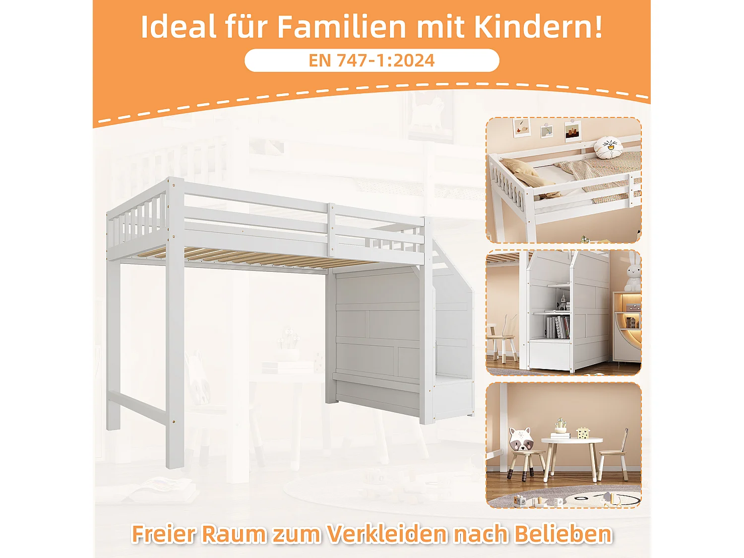 Hochbett 90 x 200 cm mit 2 Türen und Sicherheitsgeländer - Kiefer und MDF - Weiß (Matratze nicht enthalten)