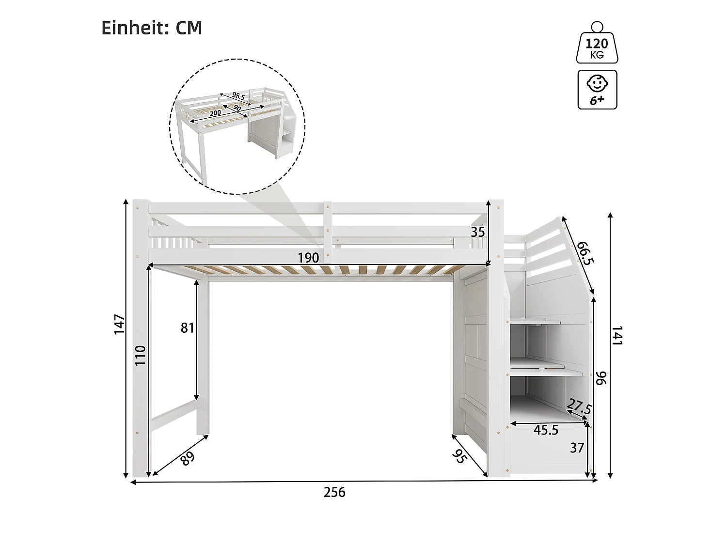 Hochbett 90 x 200 cm mit 2 Türen und Sicherheitsgeländer - Kiefer und MDF - Weiß (Matratze nicht enthalten)