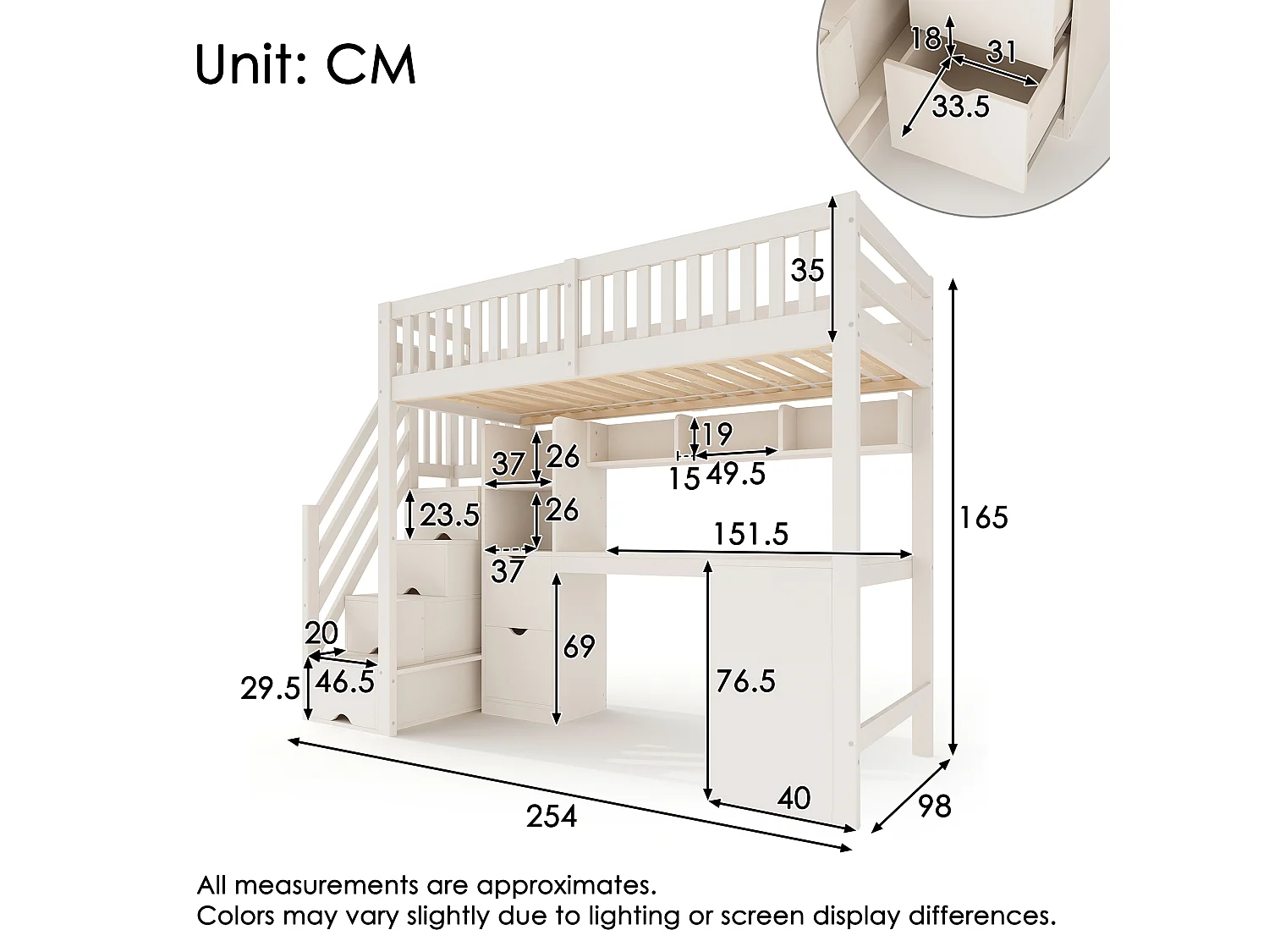 Loft bed 90 x 200 cm with 2 drawers, shelves, corner desk and drawers – Solid wood, plywood and MDF – White (Mattress not included)