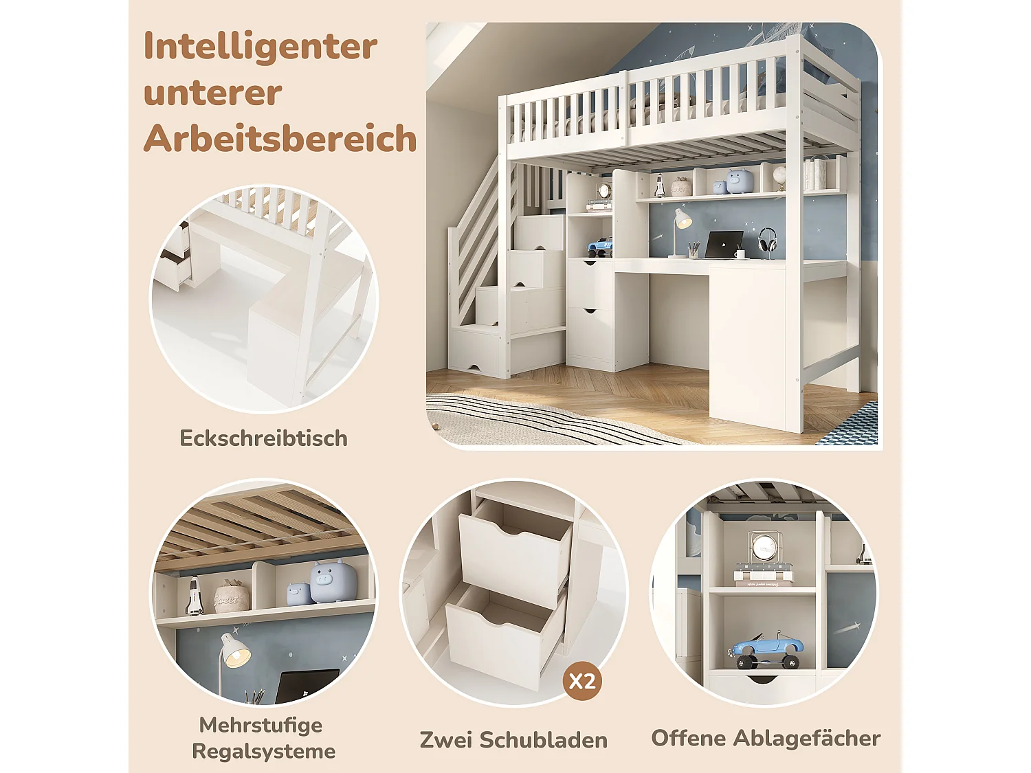 Loft bed 90 x 200 cm with 2 drawers, shelves, corner desk and drawers – Solid wood, plywood and MDF – White (Mattress not included)