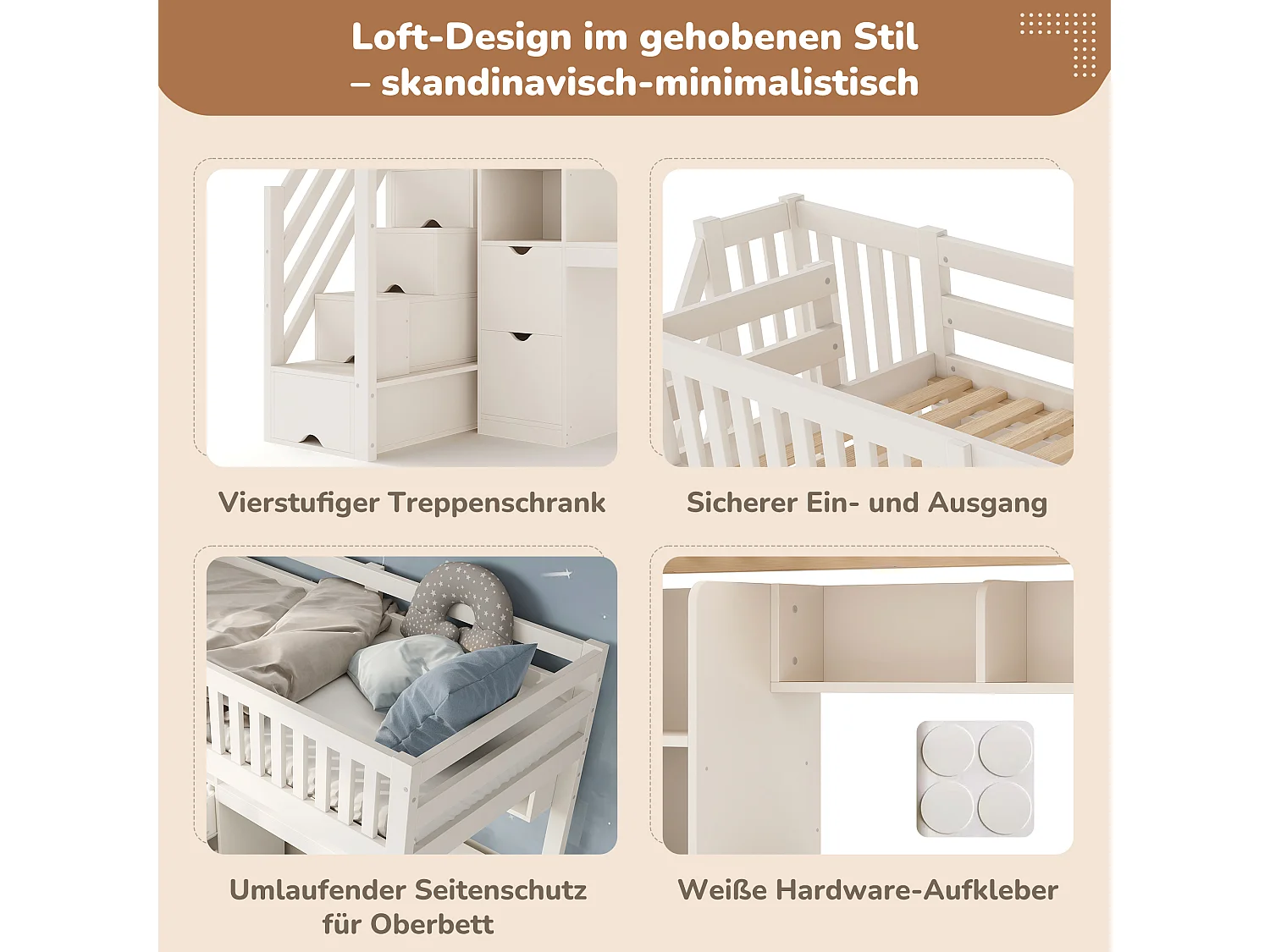 Loft bed 90 x 200 cm with 2 drawers, shelves, corner desk and drawers – Solid wood, plywood and MDF – White (Mattress not included)
