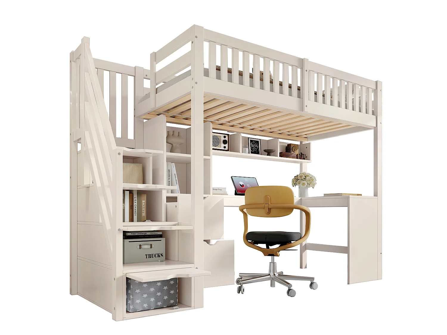 Loft bed 90 x 200 cm with 2 drawers, shelves, corner desk and drawers – Solid wood, plywood and MDF – White (Mattress not included)