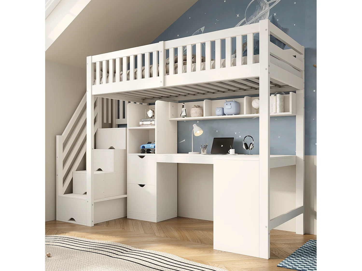 Loft bed 90 x 200 cm with 2 drawers, shelves, corner desk and drawers – Solid wood, plywood and MDF – White (Mattress not included)